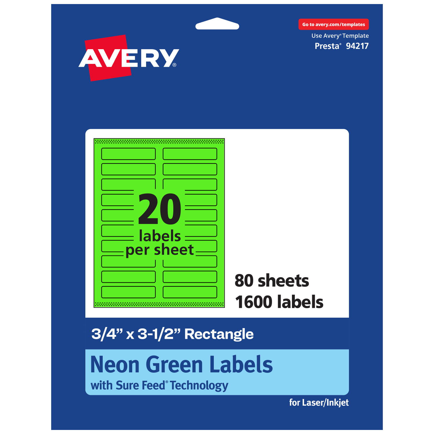 Avery Print-To-The-Edge Labels With Sure Feed Technology And Easy Peel, 94217-NGP80, Rectangle, 3/4in x 3-1/2in, Matte Neon Green, Pack of 1600