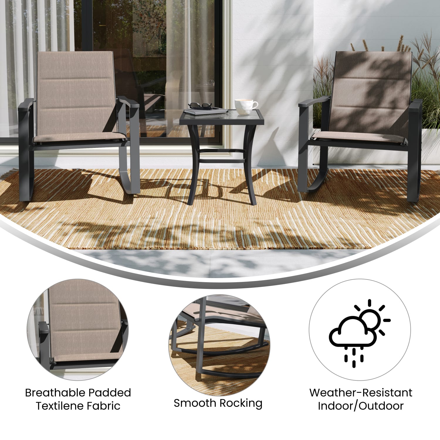 Flash Furniture Brazos 3-Piece Outdoor Rocking Chair Bistro Set With Flex Comfort Material And Metal-Framed Glass-Top Table, Brown - Image 5