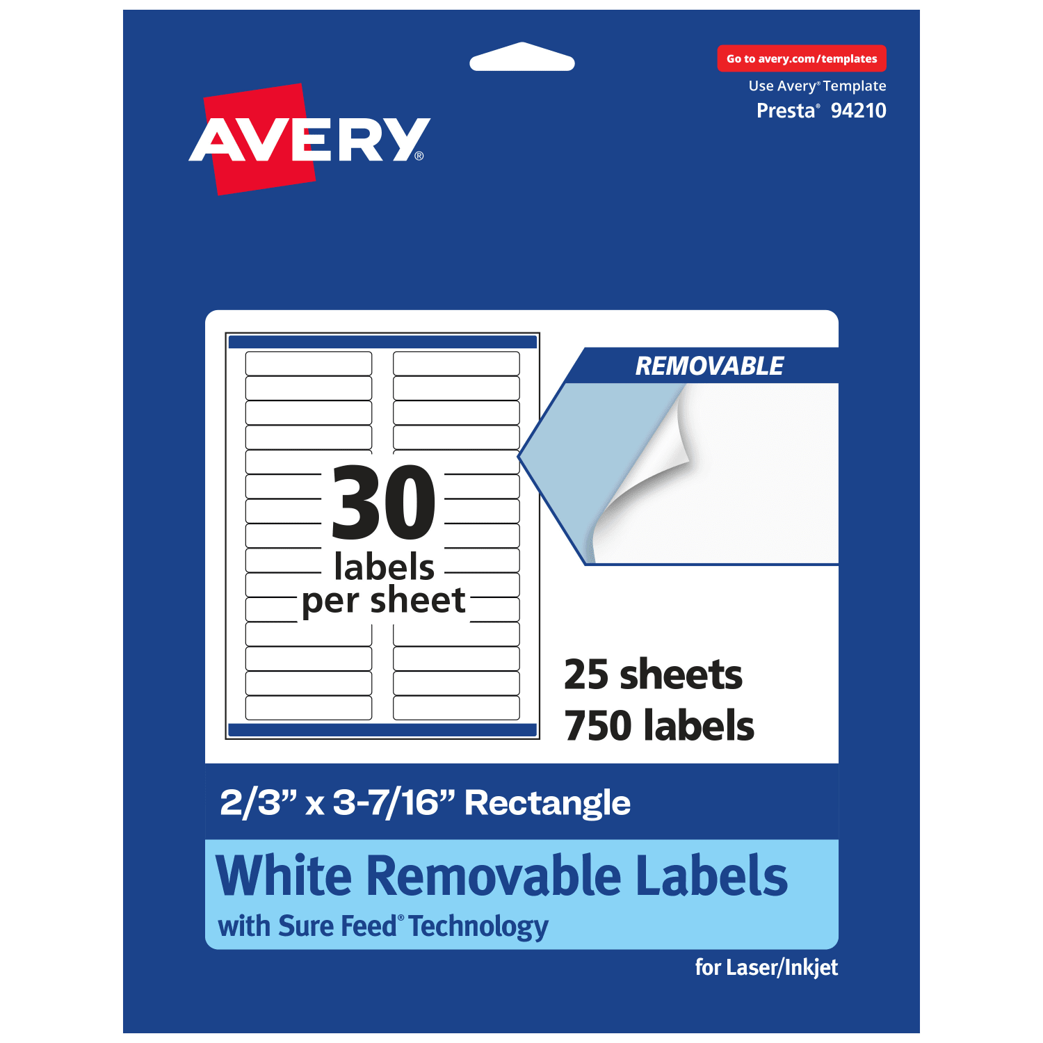 Avery Removable Labels With Sure Feed, 94210-RMP25, Rectangle, 2/3in x 3-7/16in, White, Pack Of 750 Labels