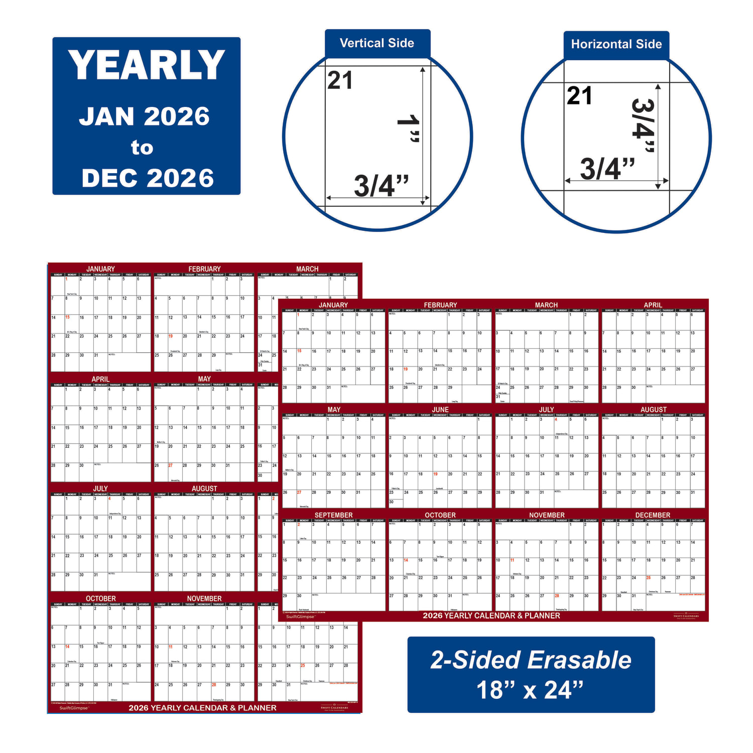 2026 SwiftGlimpse Yearly Reversible Erasable Wall Calendar, 18in x 24in, White/Maroon, January To December - Image 3