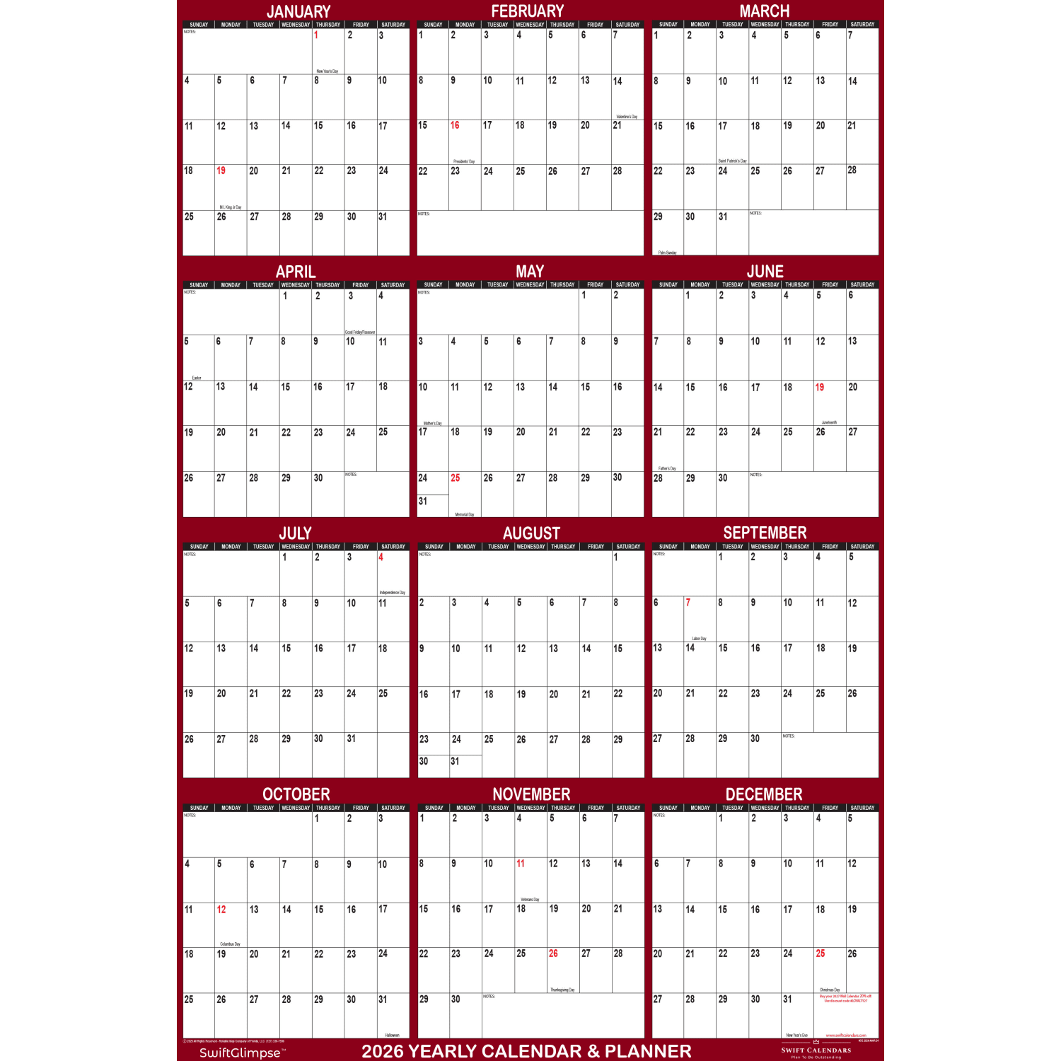 2026 SwiftGlimpse Yearly Reversible Erasable Wall Calendar, 18in x 24in, White/Maroon, January To December - Image 5