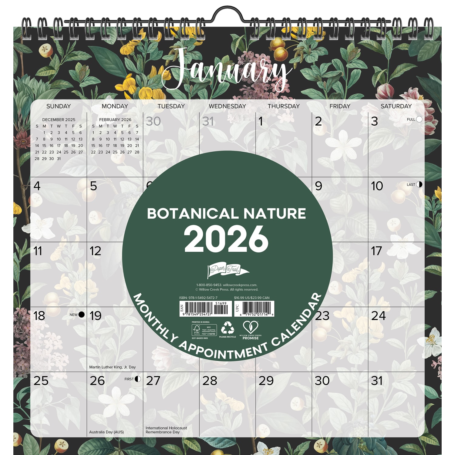 2026-2027 Willow Creek Press Monthly Spiral Wall Calendar, 12in x 12in, Botanical Nature, July 2026 To June 2027, 54727 - Image 3