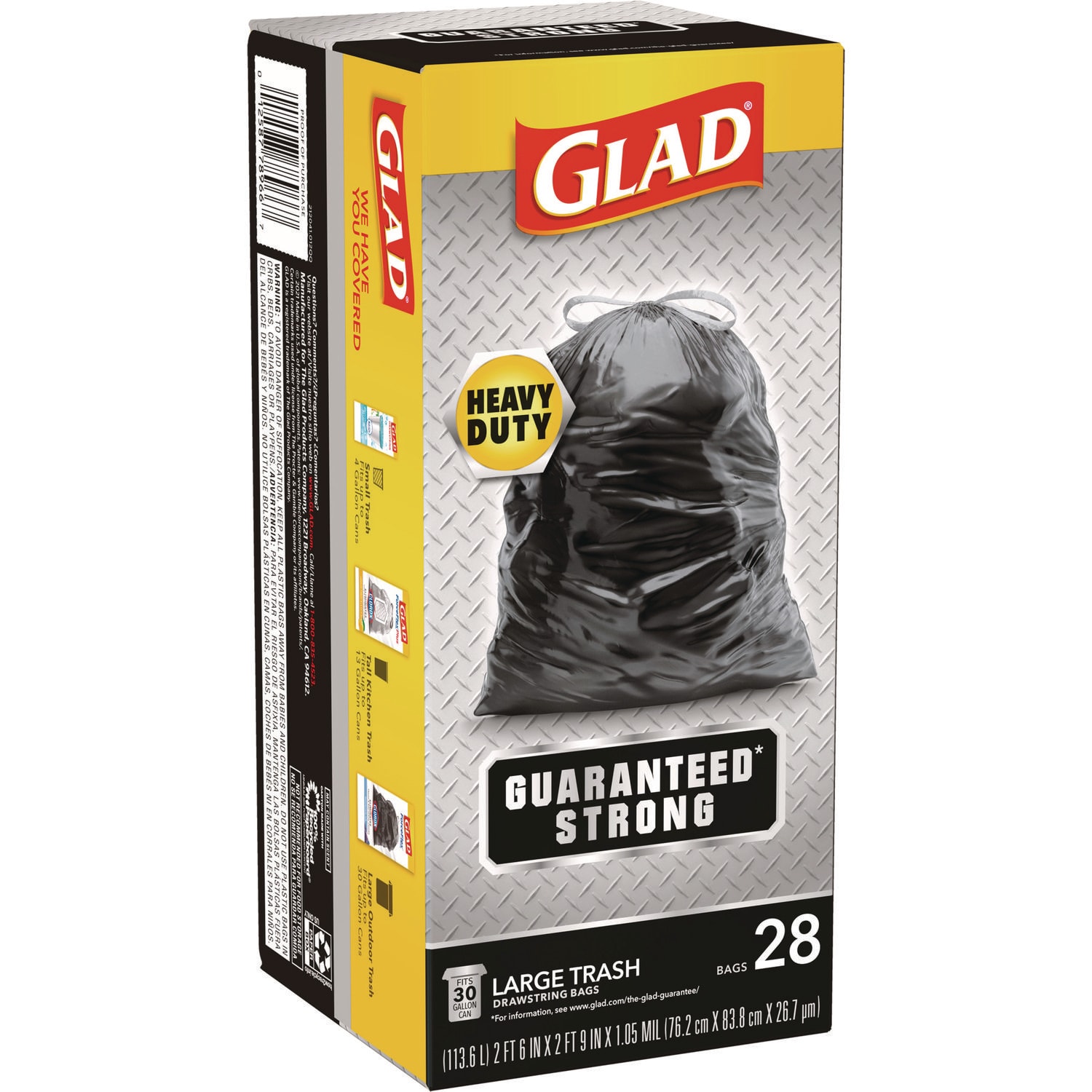 Glad Guaranteed Strong Large Drawstring Trash Bags, Three-Ply, 30 gal, 1.05 mil, 30 x 33, Black, 28 Bags/Box, 6 Boxes/Carton - Image 5