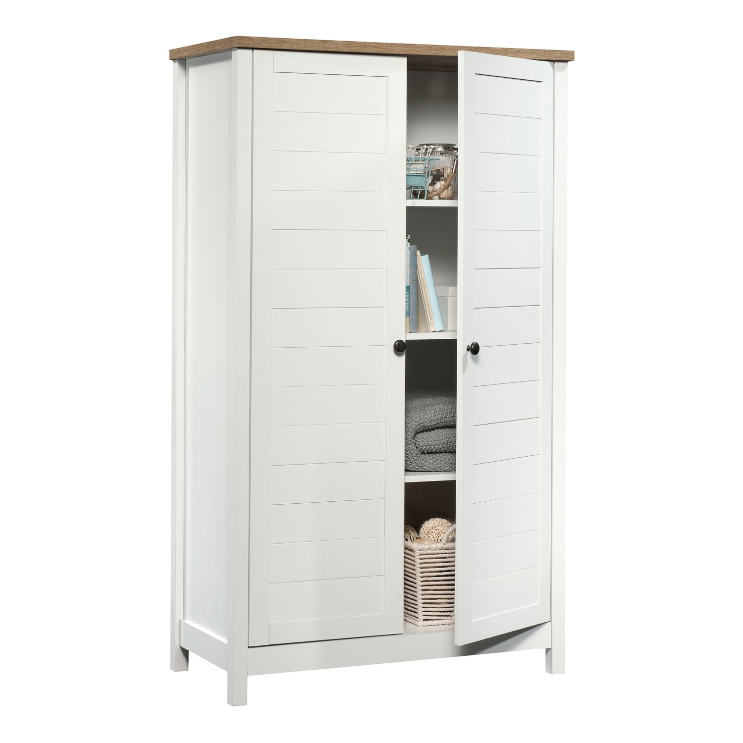 Sauder Cottage Road 61inH Traditional Style Storage Cabinet, Soft White/Lintel Oak - Image 3