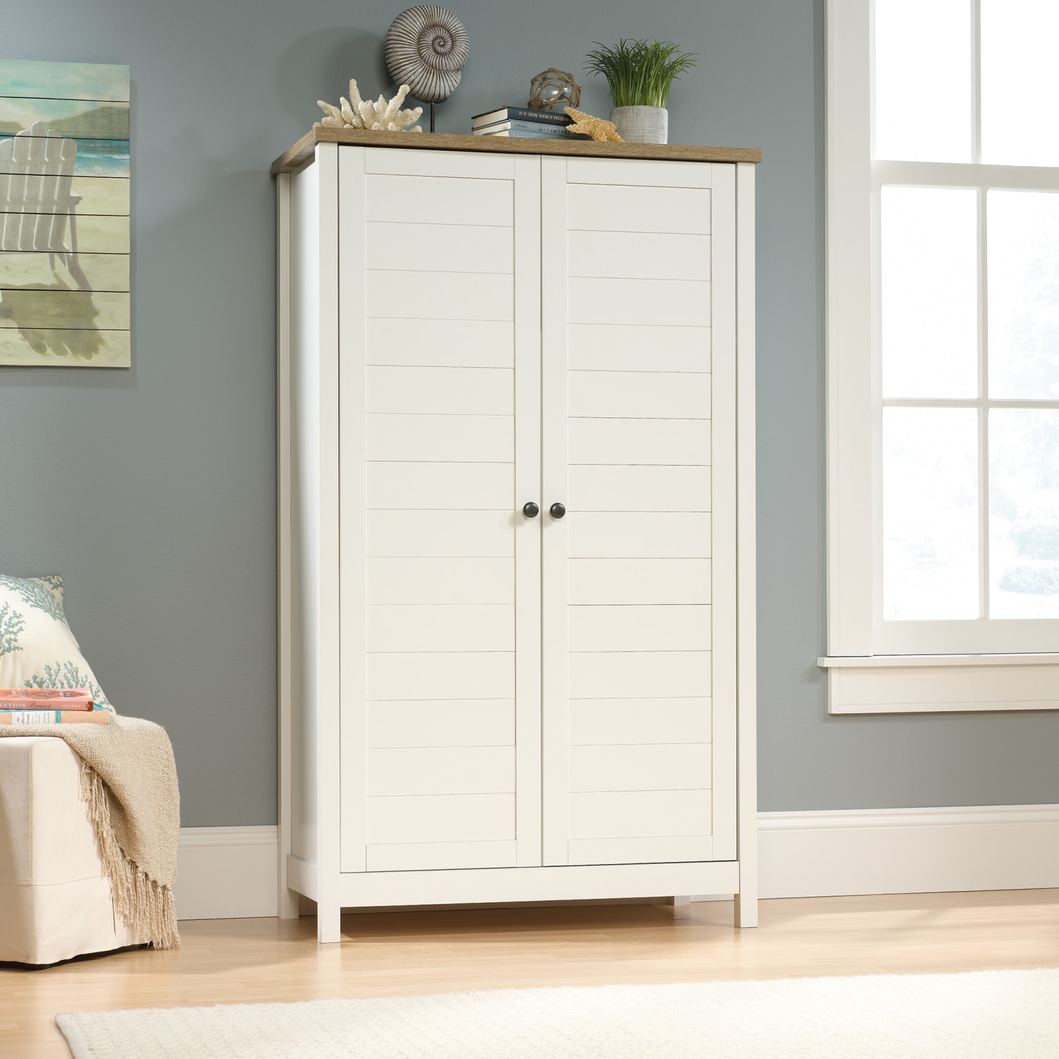 Sauder Cottage Road 61inH Traditional Style Storage Cabinet, Soft White/Lintel Oak - Image 4