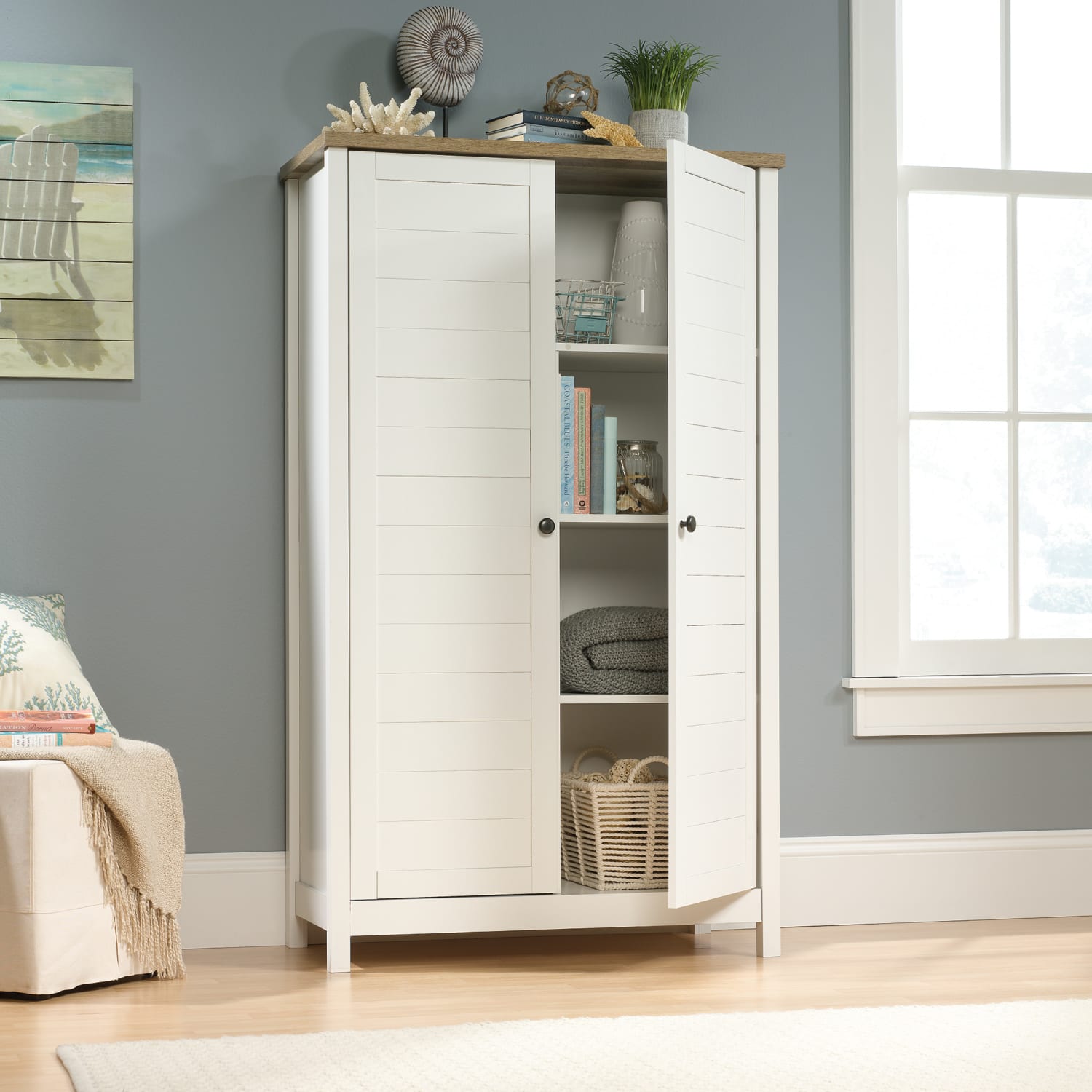 Sauder Cottage Road 61inH Traditional Style Storage Cabinet, Soft White/Lintel Oak - Image 5