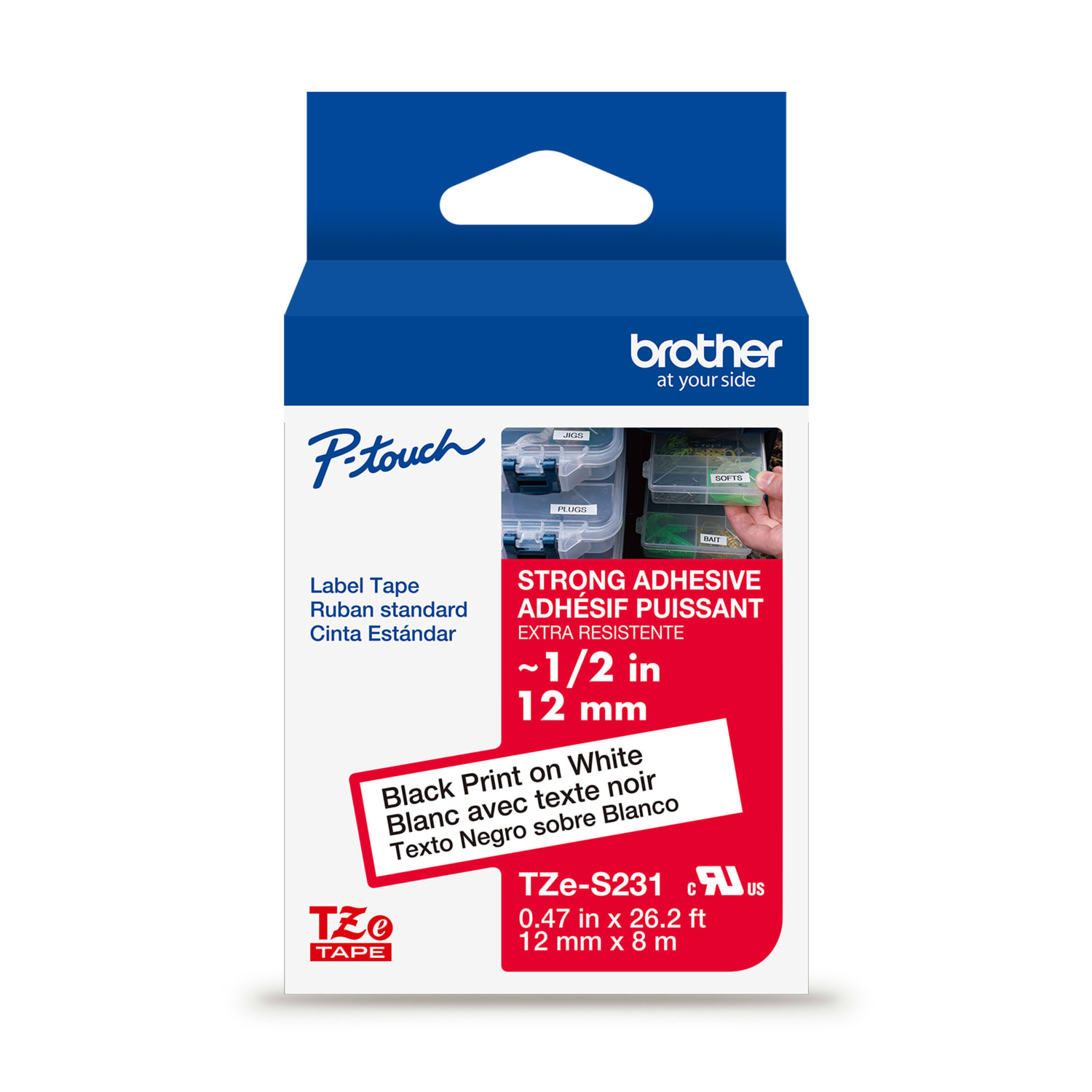 Brother P-touch TZeS231, Strong Adhesive, Laminated, 0.47 in x 26.2 ft (12mm x 8m), Black on White Label Tape - Image 3