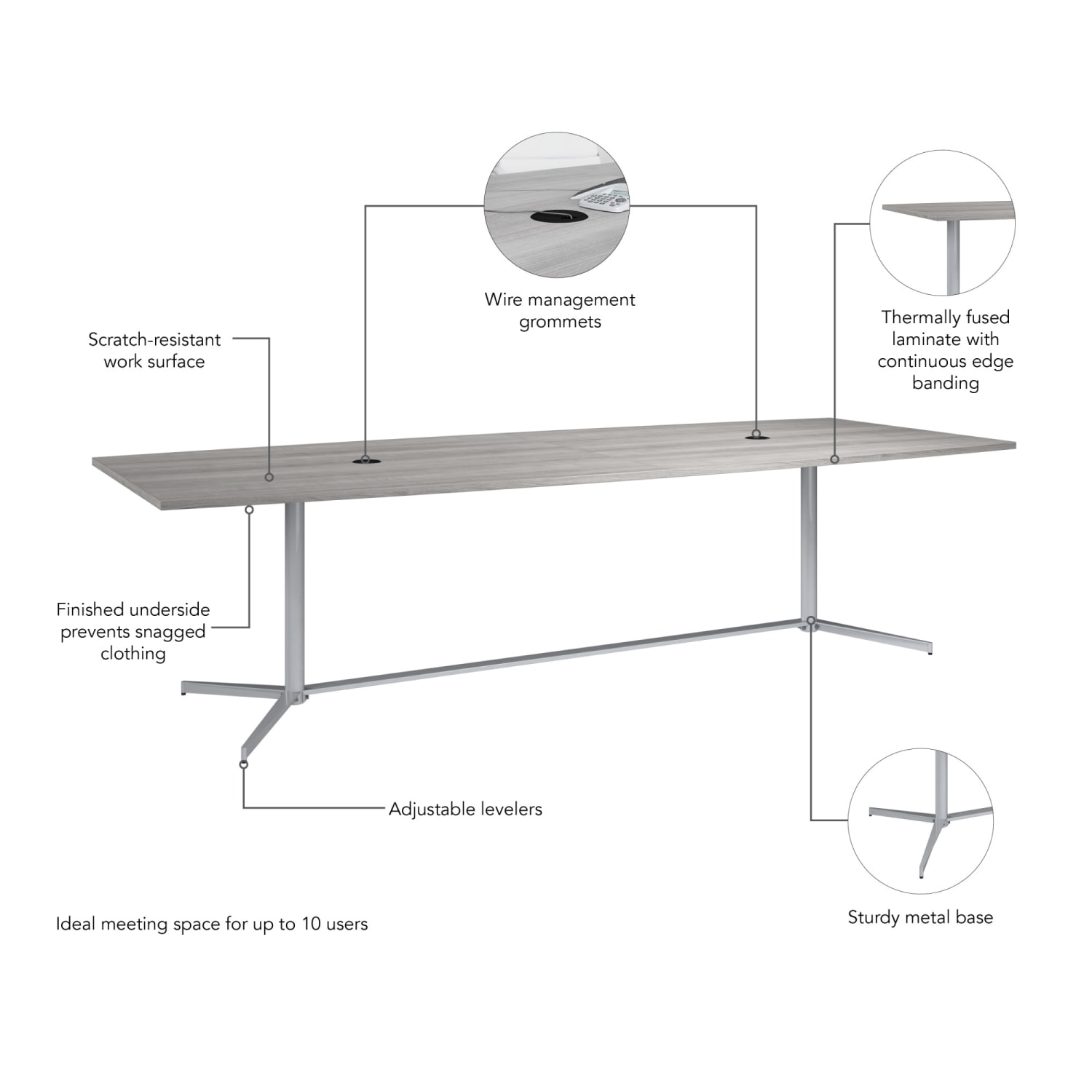 Bush Business Furniture 120inW x 48inD Boat-Shaped Conference Table With Metal Base, Platinum Gray, Standard Delivery - Image 6