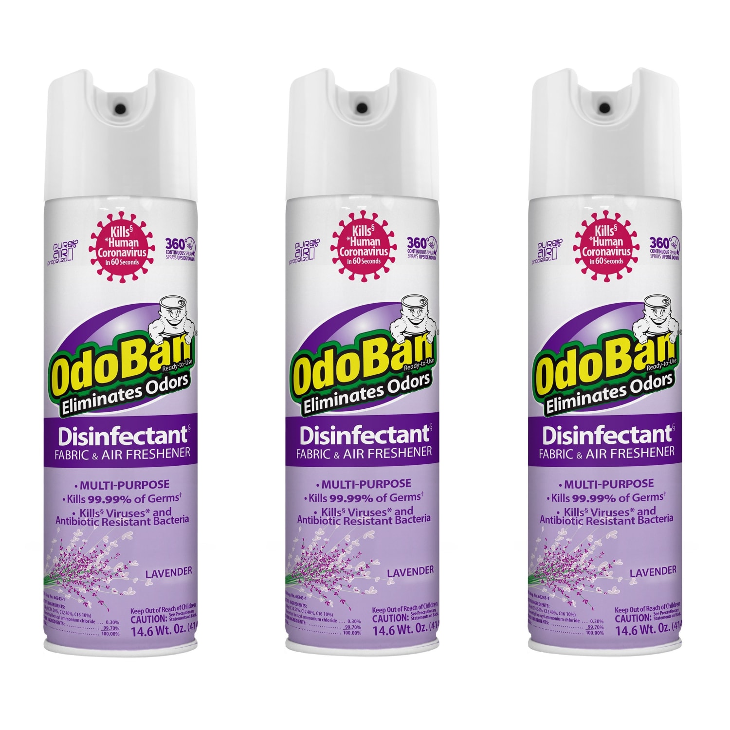 OdoBan Ready-to-Use 360-Degree Continuous Spray Disinfectant Cleaner and Odor Eliminator, Lavender Scent, 14.6 Oz, Set Of 3 Spray Cans