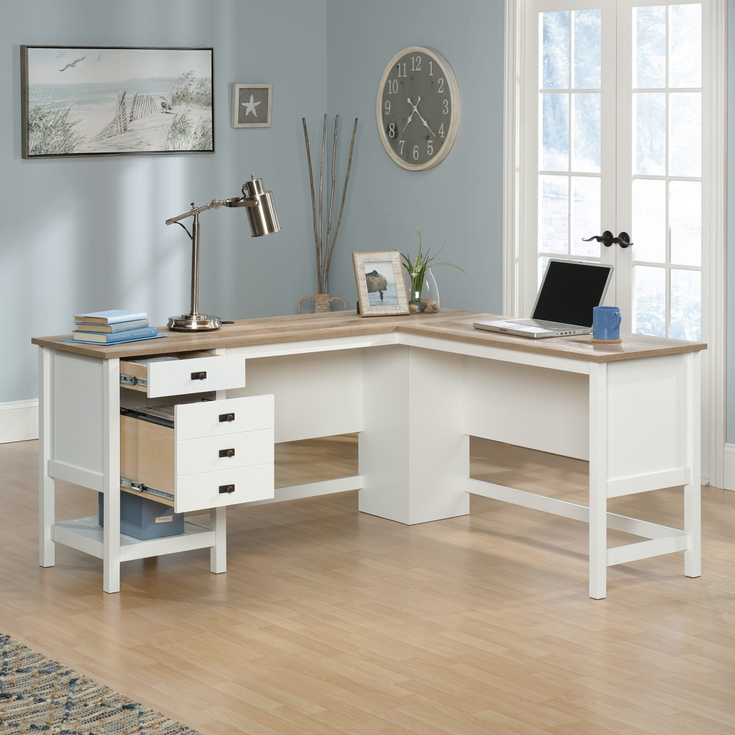 Sauder Cottage Road 65inW L-Shaped Corner Desk, Soft White/Oak - Image 6