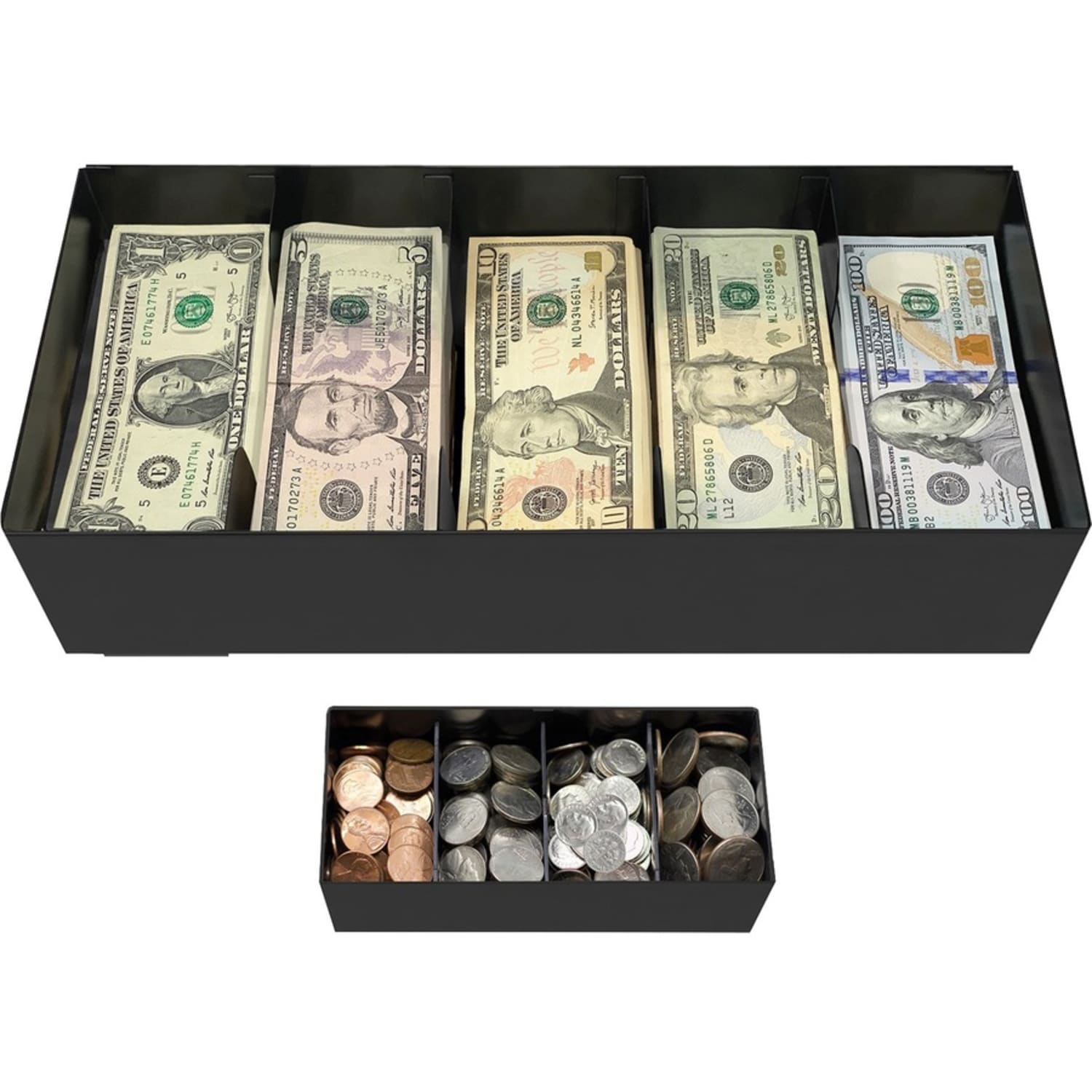 Nadex Coins Steel 5-Compartment Currency Tray with Coin Tray Insert and Lockable Cover - Stainless Steel, Plastic, Metal - Black - 7in Height x 15.4in Width - Image 3