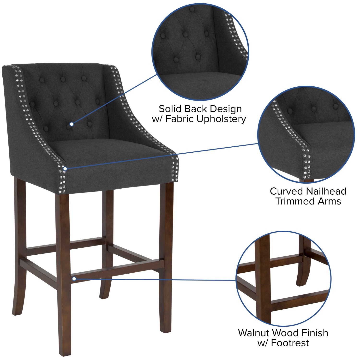 Flash Furniture Carmel Series 30in High Transitional Fabric Tufted Walnut Barstool with Accent Nail Trim Charcoal Fabric PopularChairscom Flash Furniture Carmel Series 30in High Transitional Fabric Tufted Walnut Barstool with Accent Nail Trim Charcoal Fabric PopularChairscom