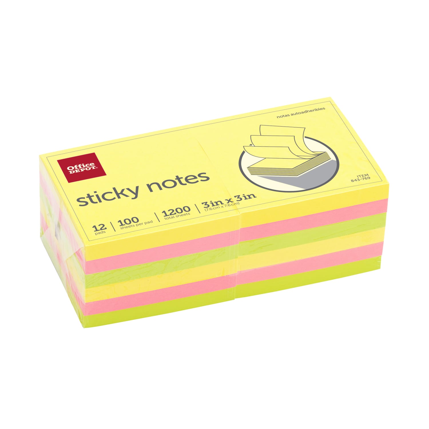 Office Depot Brand Sticky Notes, 3in x 3in, Assorted Neon Colors, 100 Sheets Per Pad, Pack Of 12 Pads, 21332-BRIGHT - Image 3