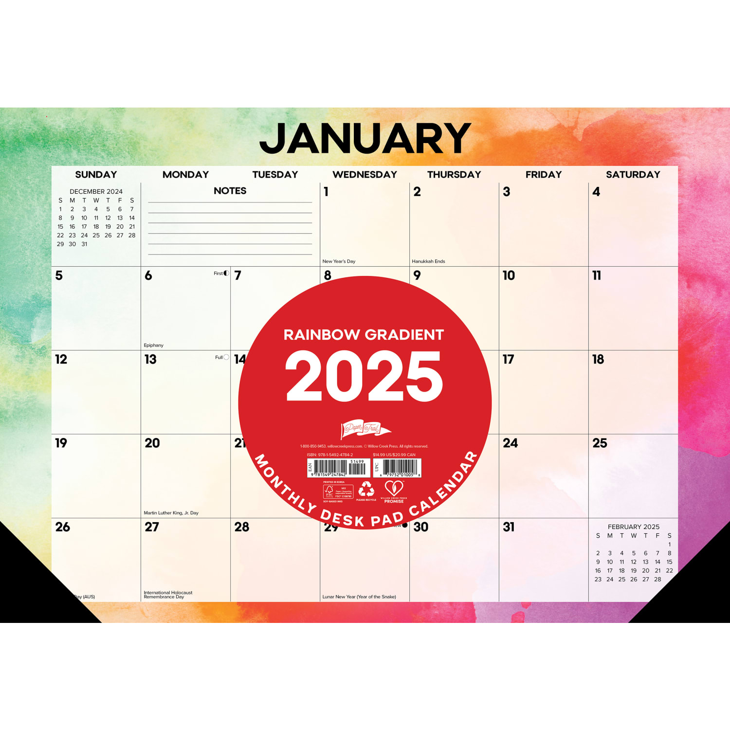 2025 Willow Creek Press Monthly Desk Pad Calendar, 17in x 12in, Rainbow Gradient, January 2025 To December 2025, 47842 - Image 3