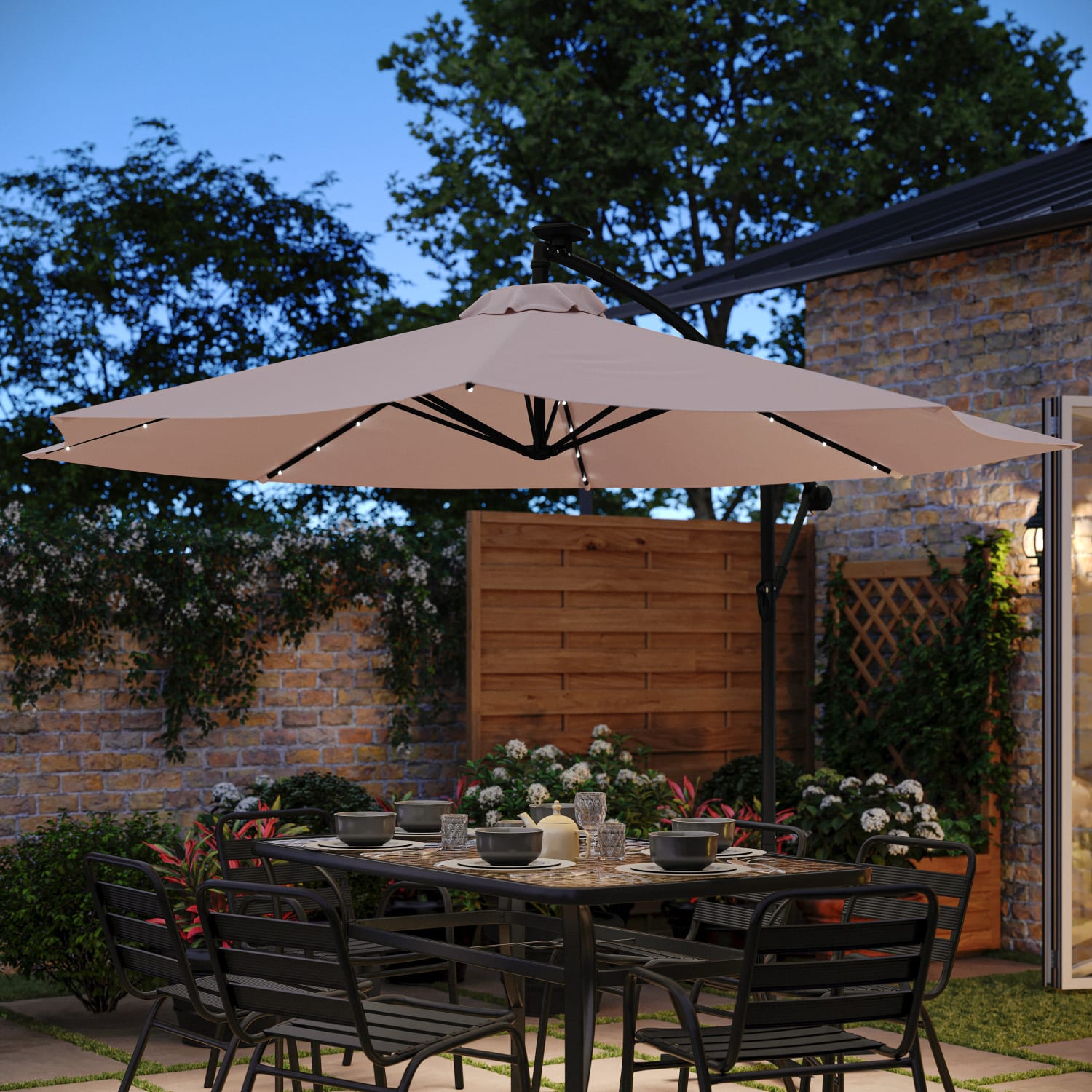 Flash Furniture Sedona Commercial Grade 10ft Round Solar LED Cantilever Umbrella with Easy Lift and Tilt Function, Built in Cross Base, Tan - Image 5
