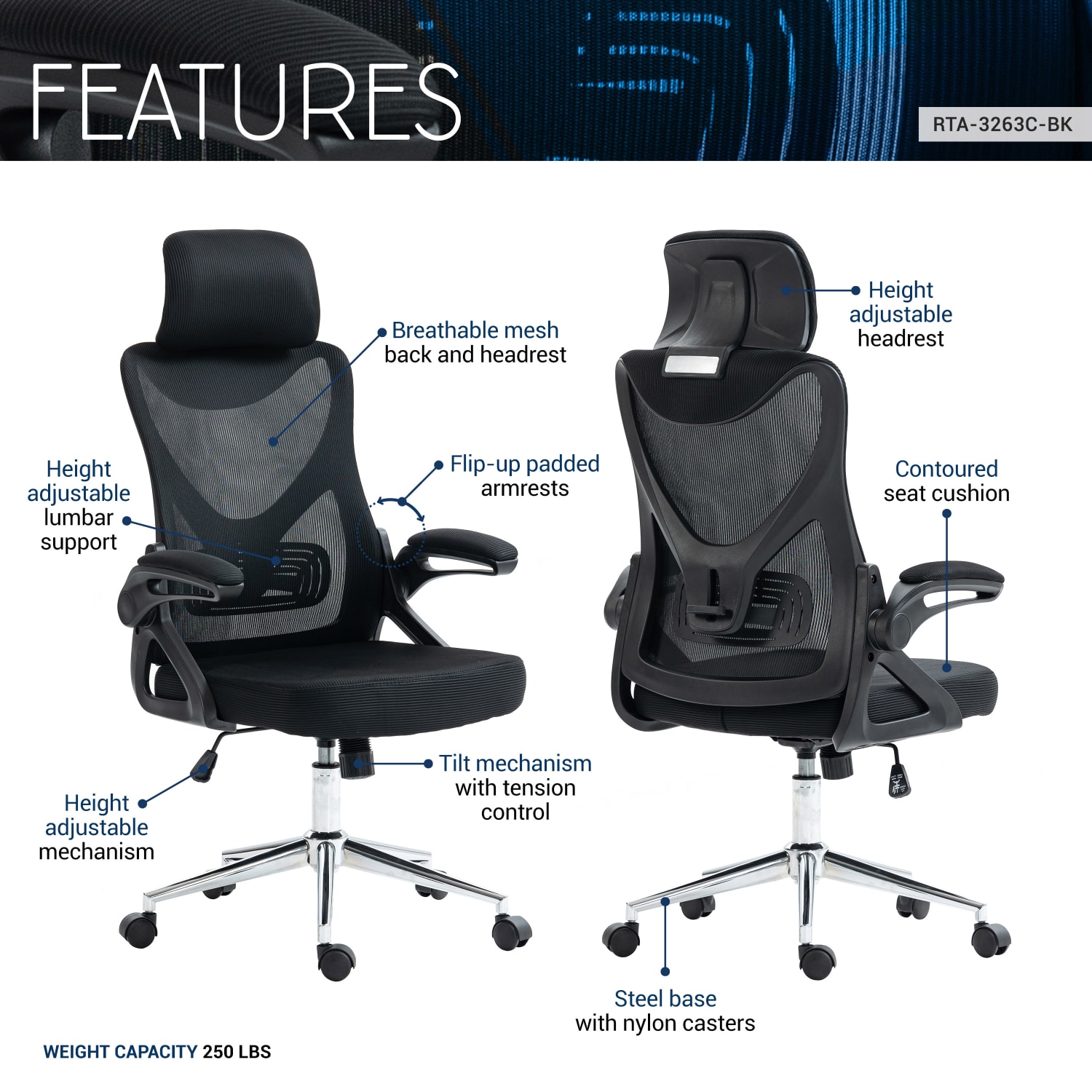 Techni Mobili Ergonomic Mesh High-Back Executive Office Chair, Black - Image 4