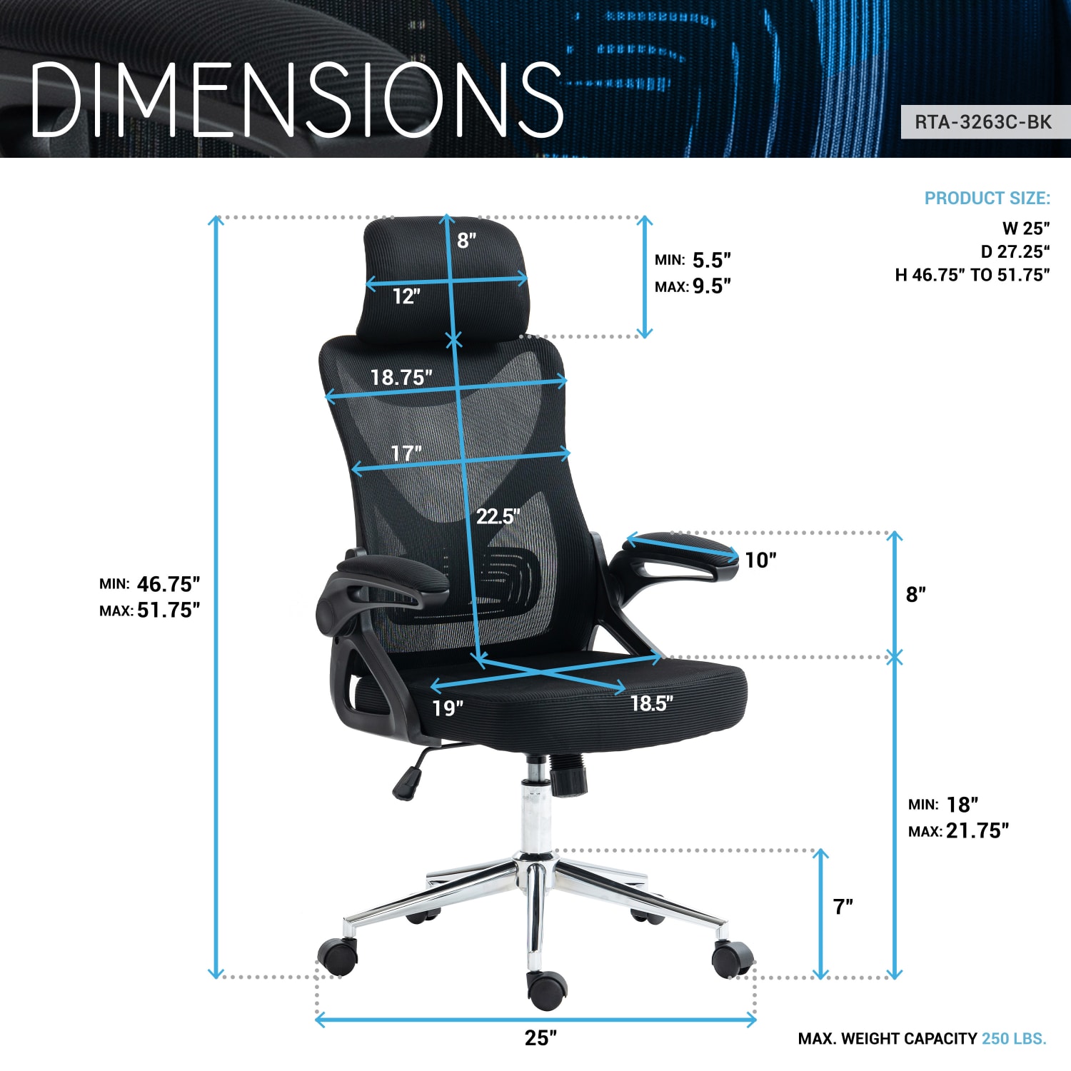Techni Mobili Ergonomic Mesh High-Back Executive Office Chair, Black - Image 5