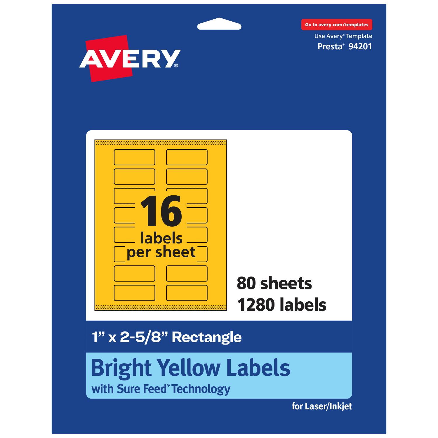 Avery Print-To-The-Edge Labels With Sure Feed Technology And Easy Peel, 94201-BYP80, Rectangle, 1in x 2-5/8in, Matte Bright Yellow, Pack of 1280