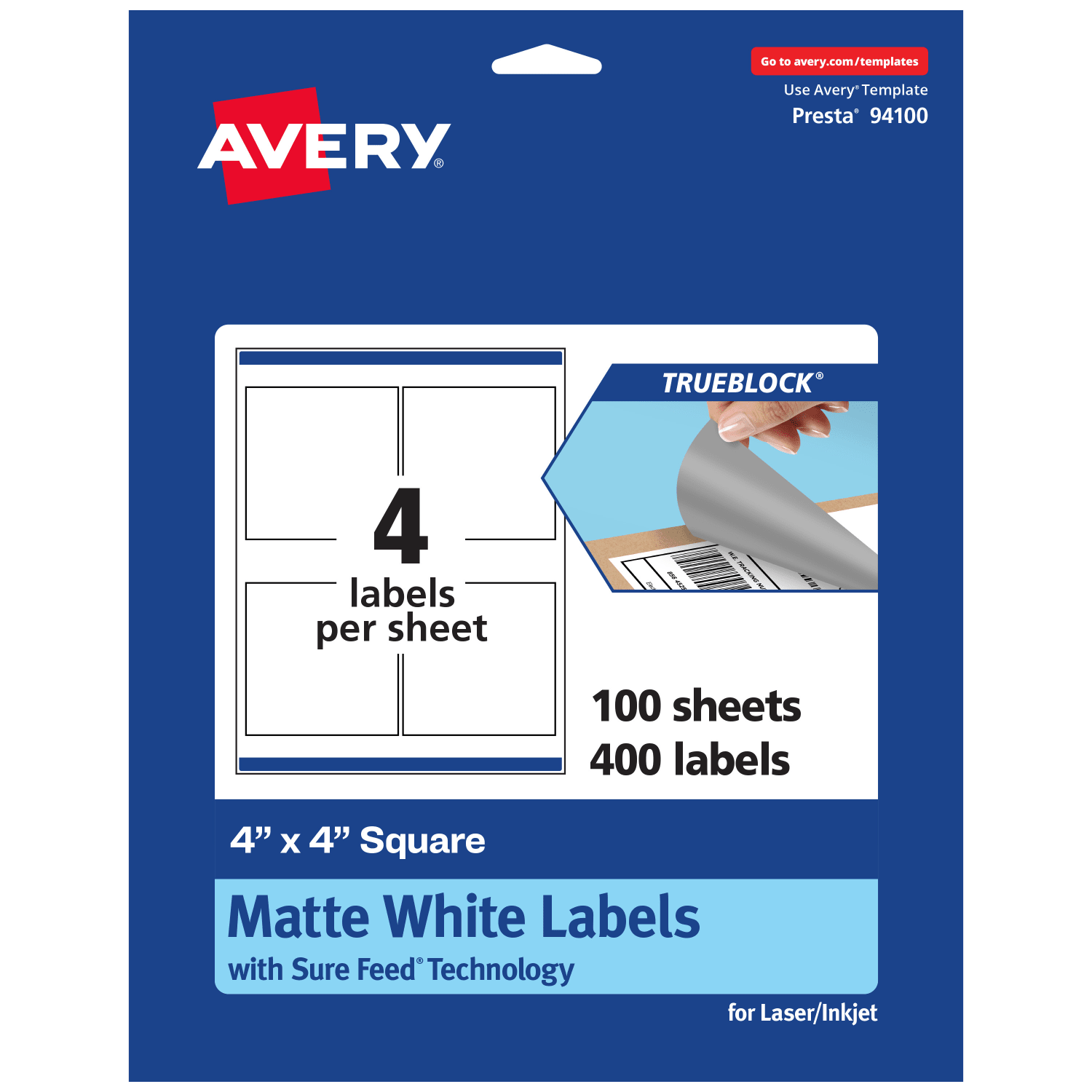 Avery TrueBlock Labels With Sure Feed, 94100-TWMP100, Square, 4in x 4in, Matte White, Pack Of 400