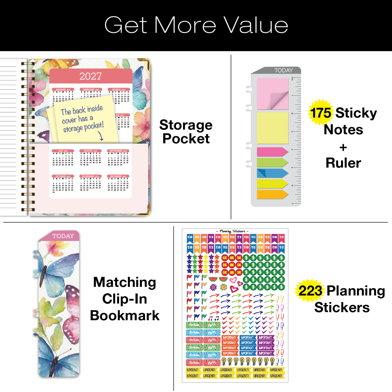 Excello Brands 2026-2027 14-Month Academic Hardcover Weekly/Monthly Fashion Planner, 8-1/2in x 11in, Watercolor Butterflies, May-June, FSHNAY26851133 - Image 6