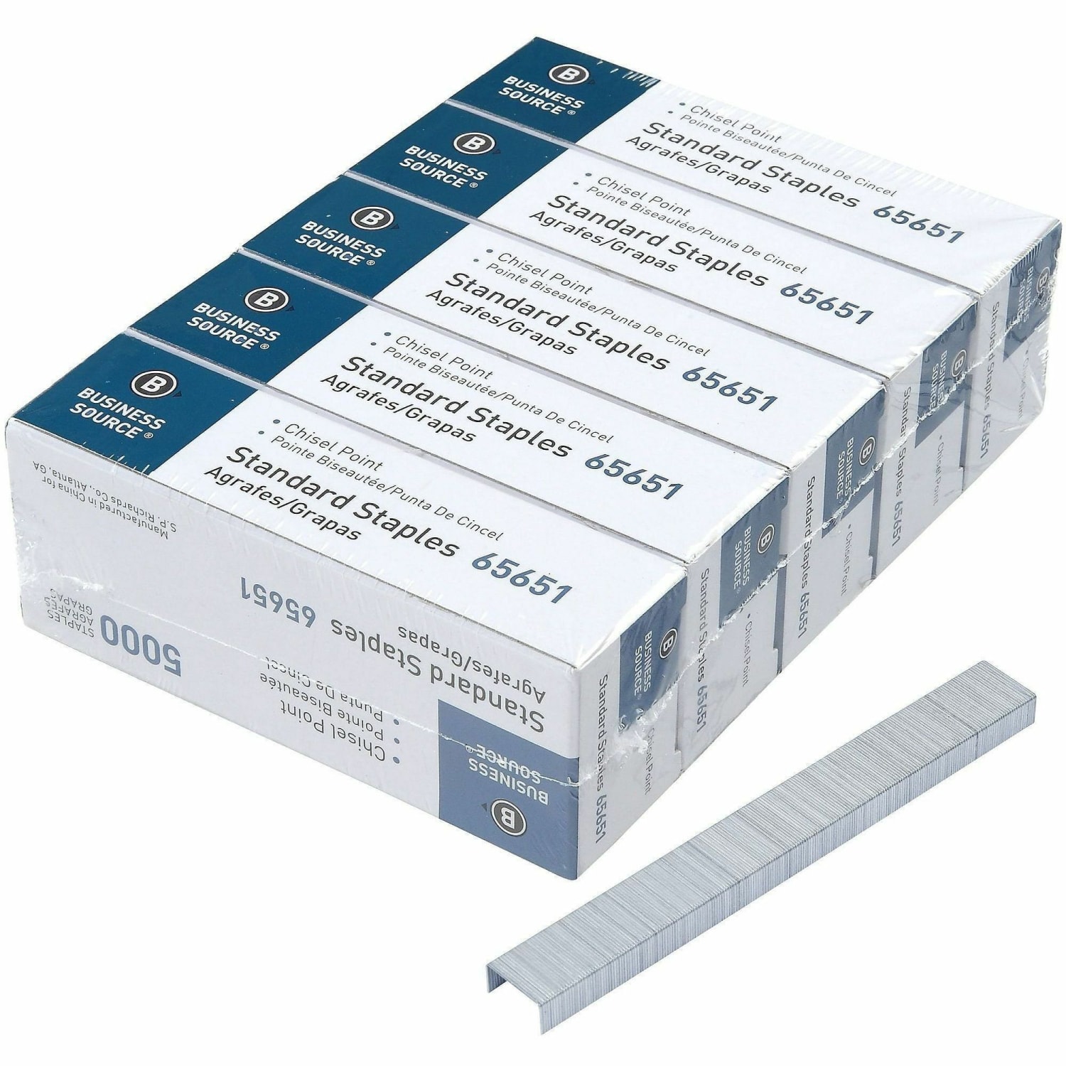 Business Source Chisel Point Standard Staples, 210 Per Strip, 1/4in Leg, 1/2in Crown, 5,000 Box, 5 Boxes - 65651