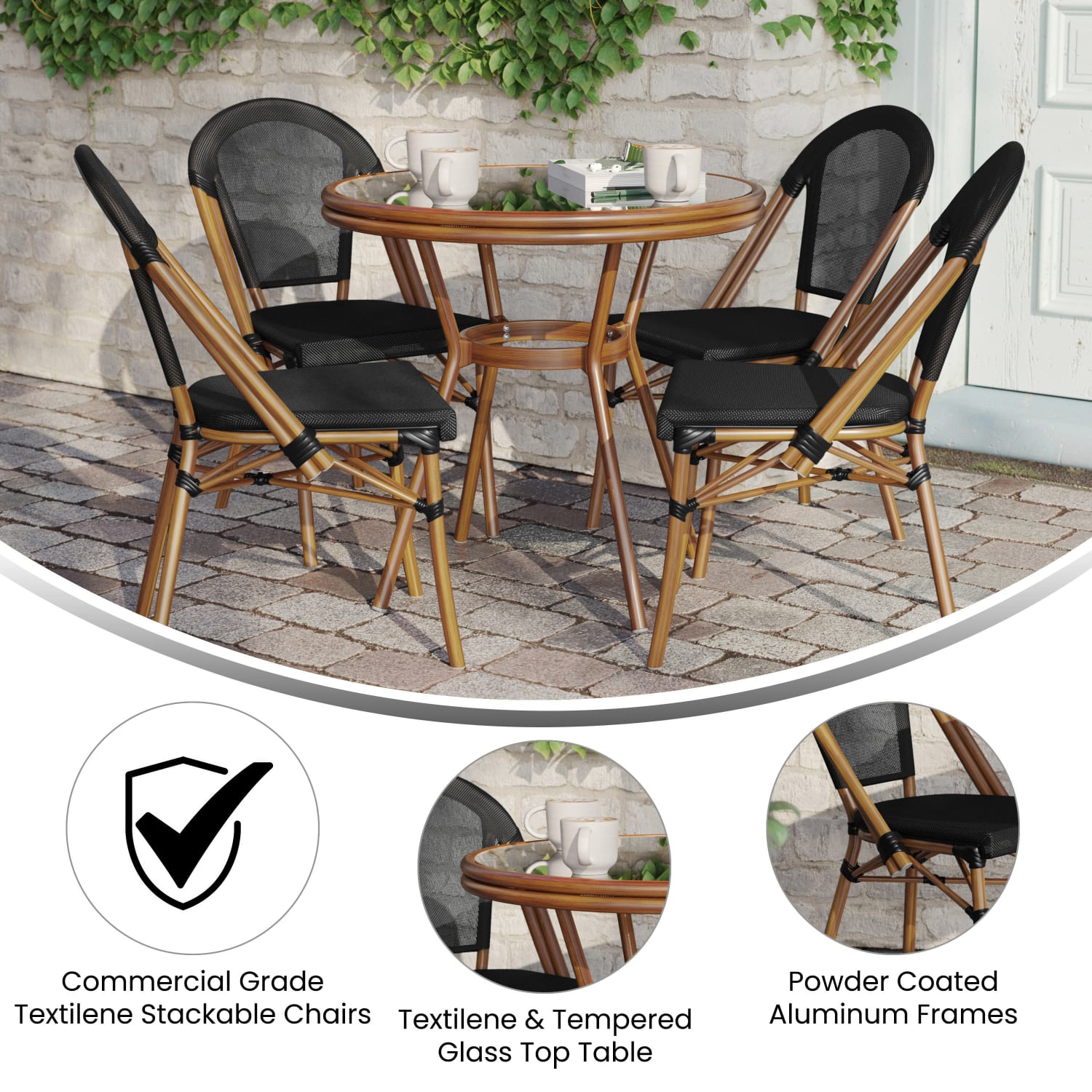 Flash Furniture Marseille Indoor/Outdoor Commercial Bistro 31.5in Table, Textilene, Glass Top with 4 Stack Chairs, Black Textilene/Natural Frame - Image 4