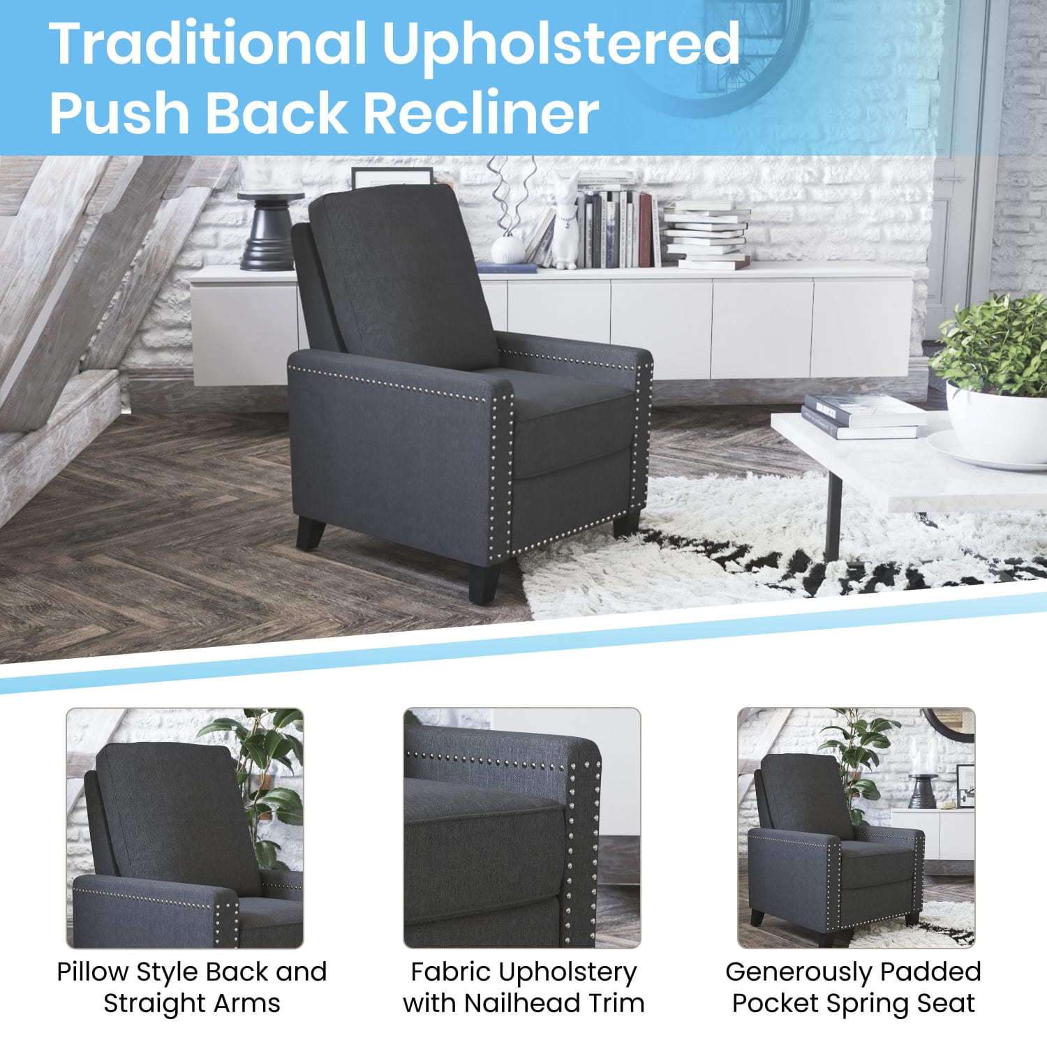 Flash Furniture Carson Transitional Style Push Back Recliner Accent Chair Gray PopularChairscom Flash Furniture Carson Transitional Style Push Back Recliner Accent Chair Gray PopularChairscom