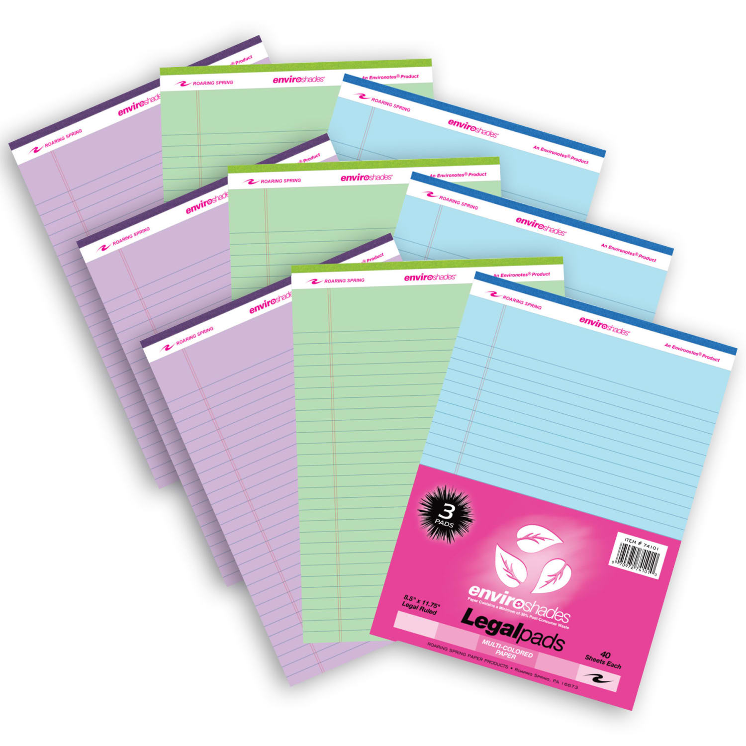 Roaring Spring Paper Products Enviroshades Legal Pad, Standard, Assorted Colors, 3 Per Pack, Set Of 3 Packs