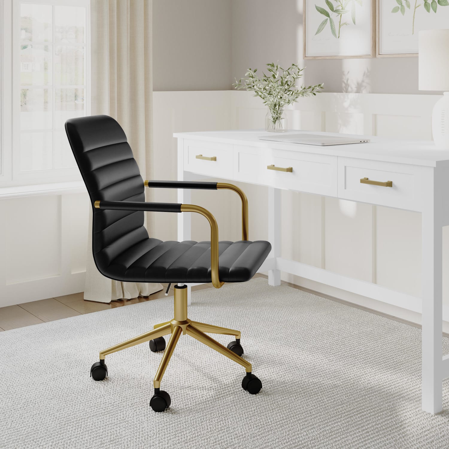 Martha Stewart Taytum Upholstered Office Chair, Black Faux Leather/Polished Brass Frame - Image 3