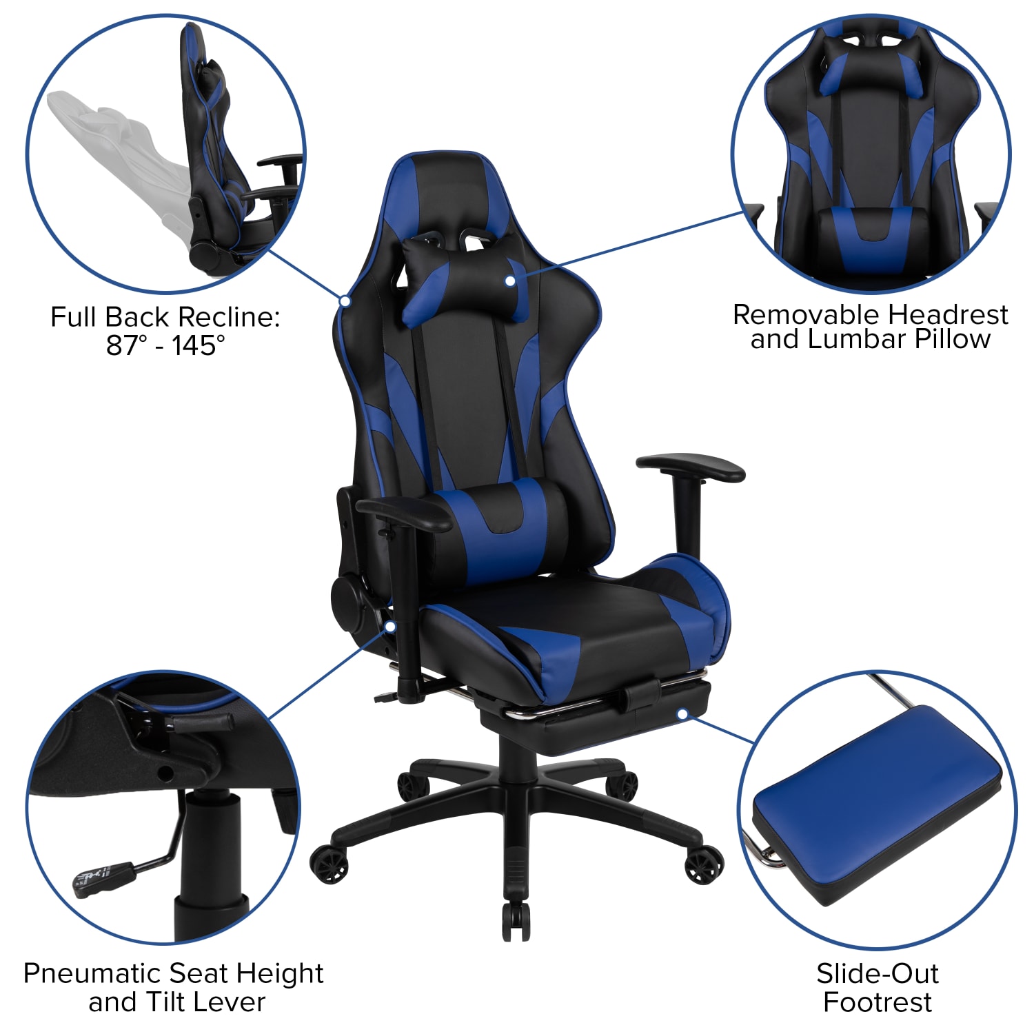 Flash Furniture X30 LeatherSoft Gaming Racing Chair, Blue/Black - Image 6