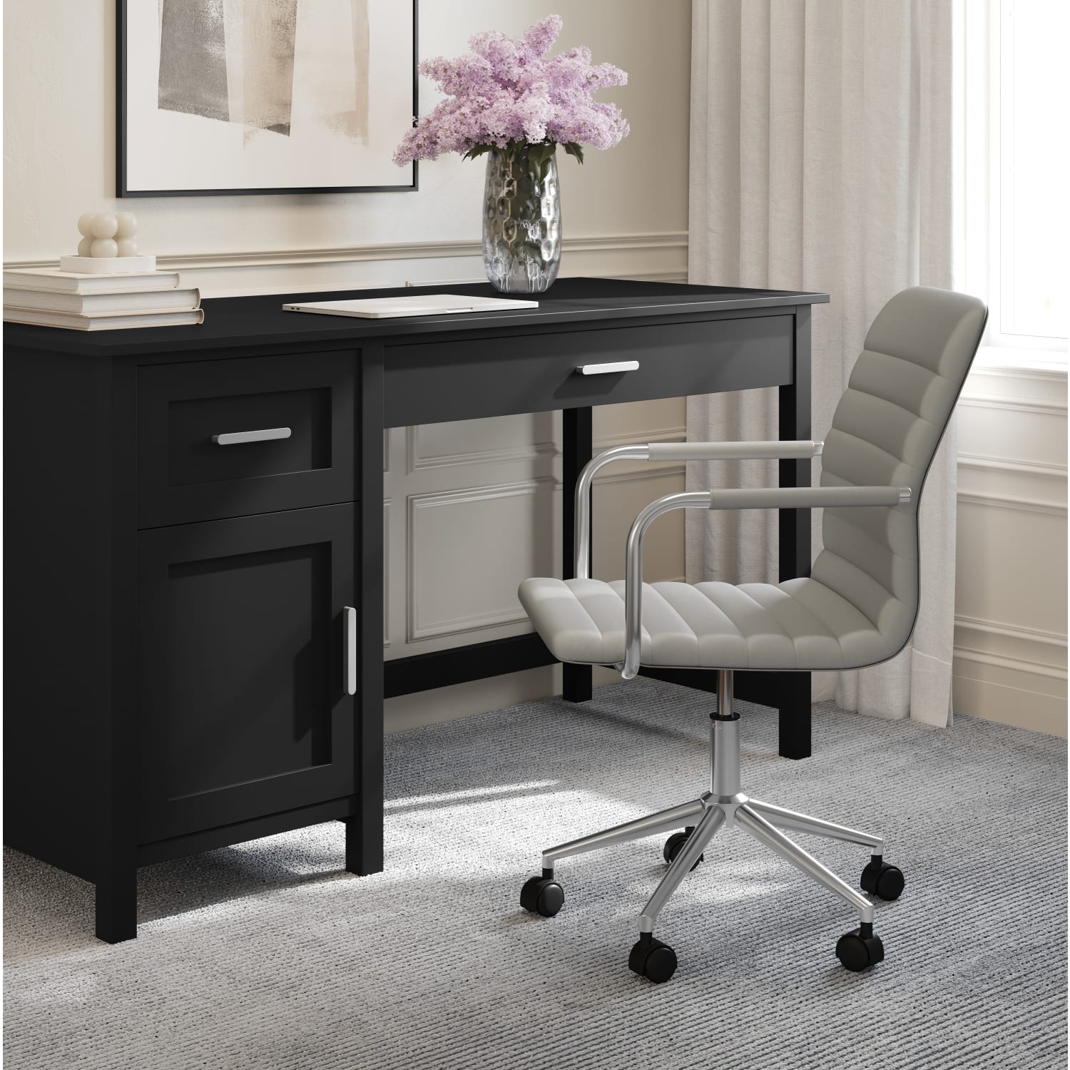 Martha Stewart Taytum Upholstered Office Chair Gray Faux LeatherPolished Nickel Frame PopularChairscom