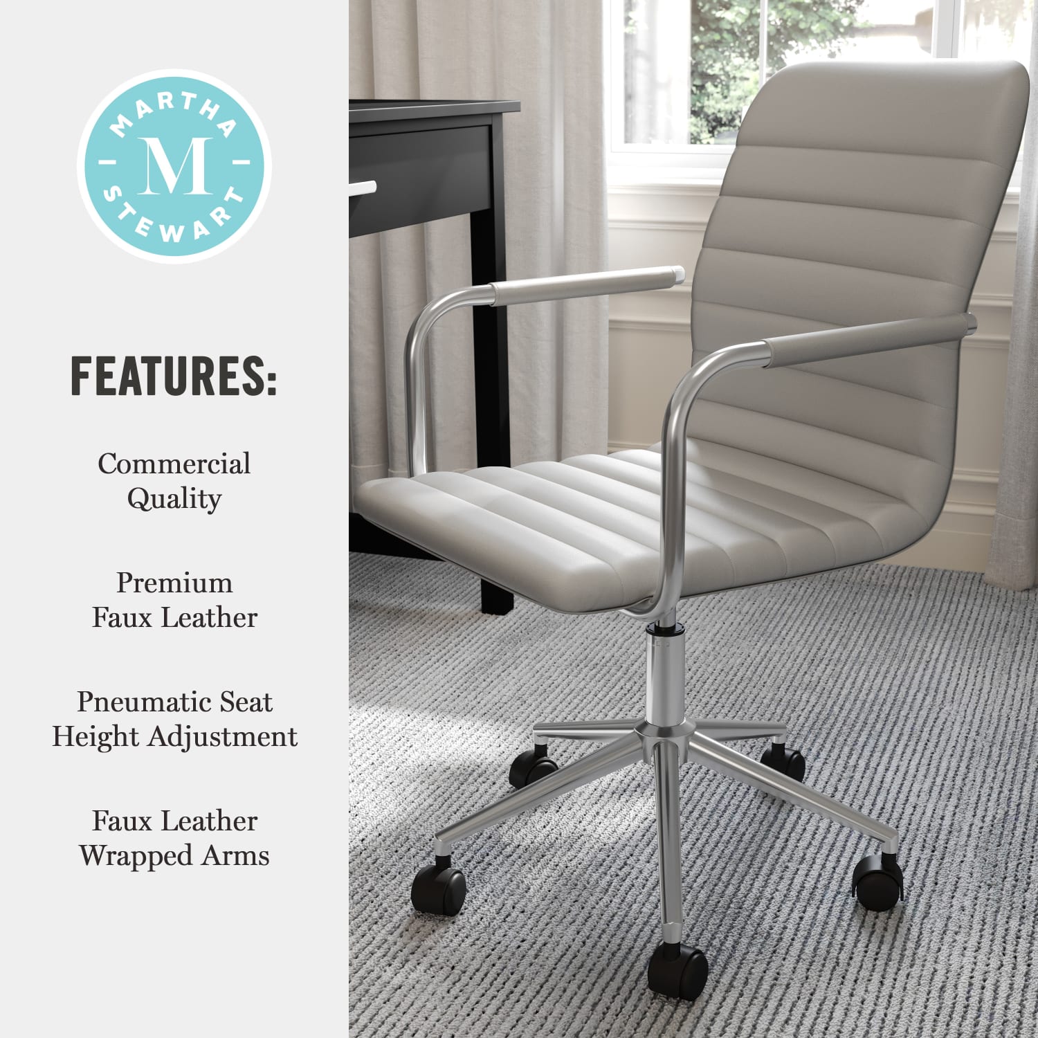 Martha Stewart Taytum Upholstered Office Chair Gray Faux LeatherPolished Nickel Frame PopularChairscom