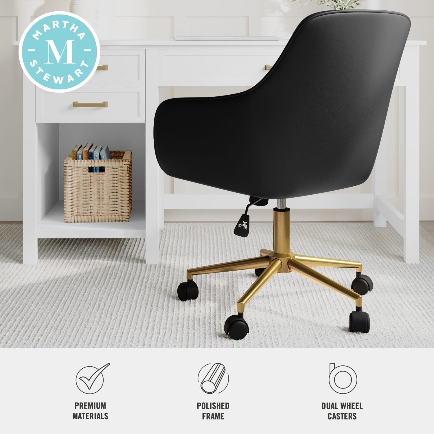 Martha Stewart Rayna Faux Leather Upholstered Office Chair Black Faux LeatherPolished Brass Frame PopularChairscom