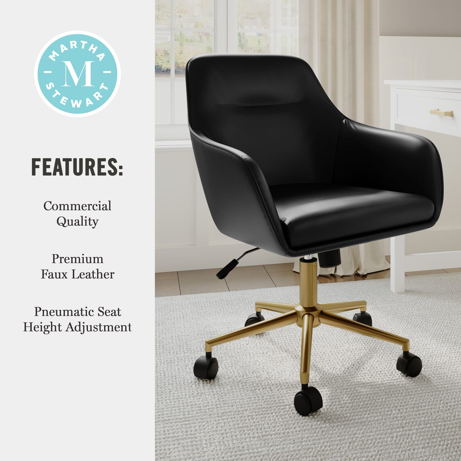 Martha Stewart Rayna Faux Leather Upholstered Office Chair Black Faux LeatherPolished Brass Frame PopularChairscom