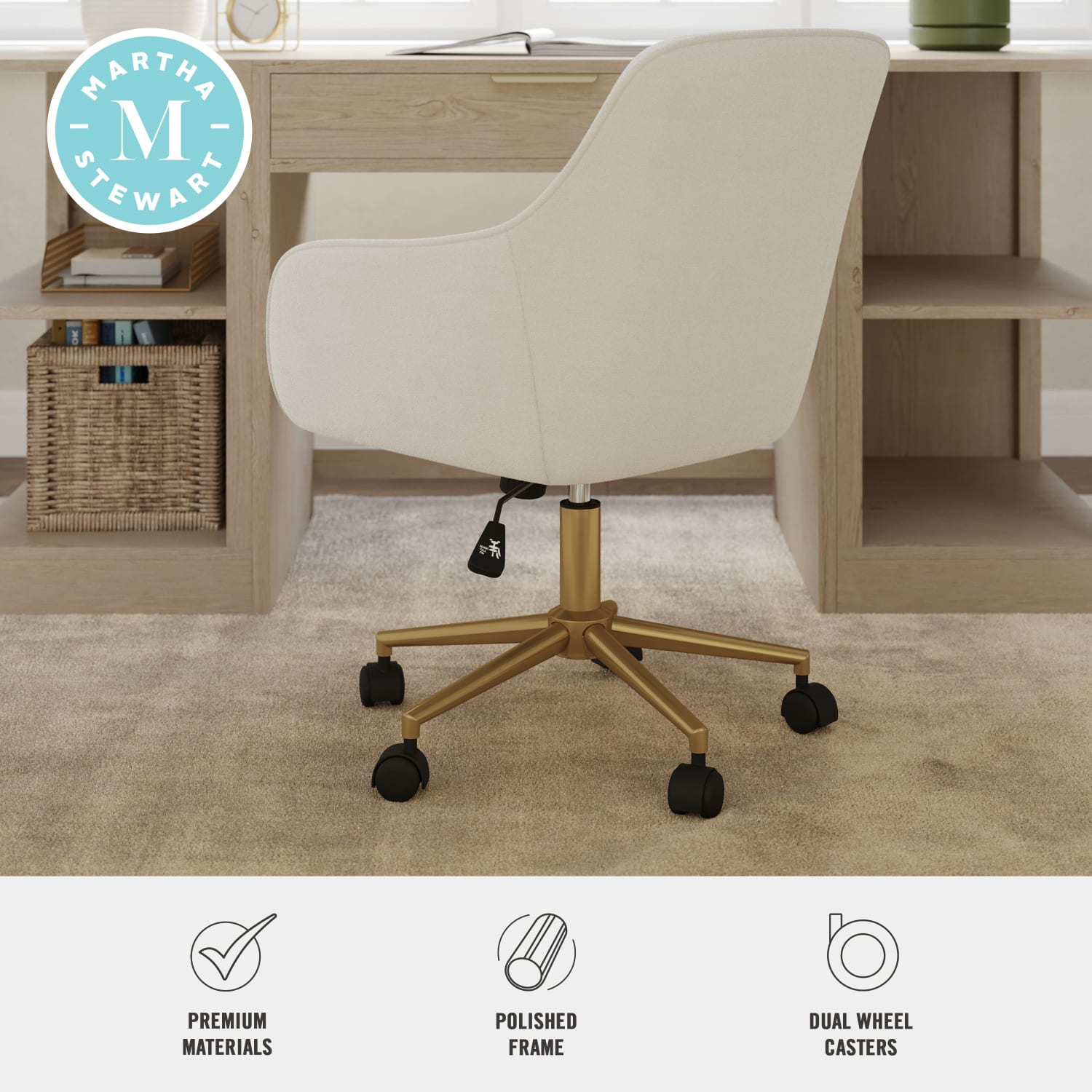 Martha Stewart Rayna Fabric Upholstered Office Chair, Off White Fabric/Polished Brass Frame - Image 5