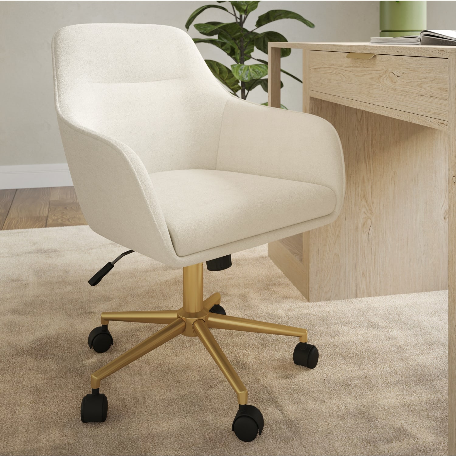 Martha Stewart Rayna Fabric Upholstered Office Chair, Off White Fabric/Polished Brass Frame - Image 6