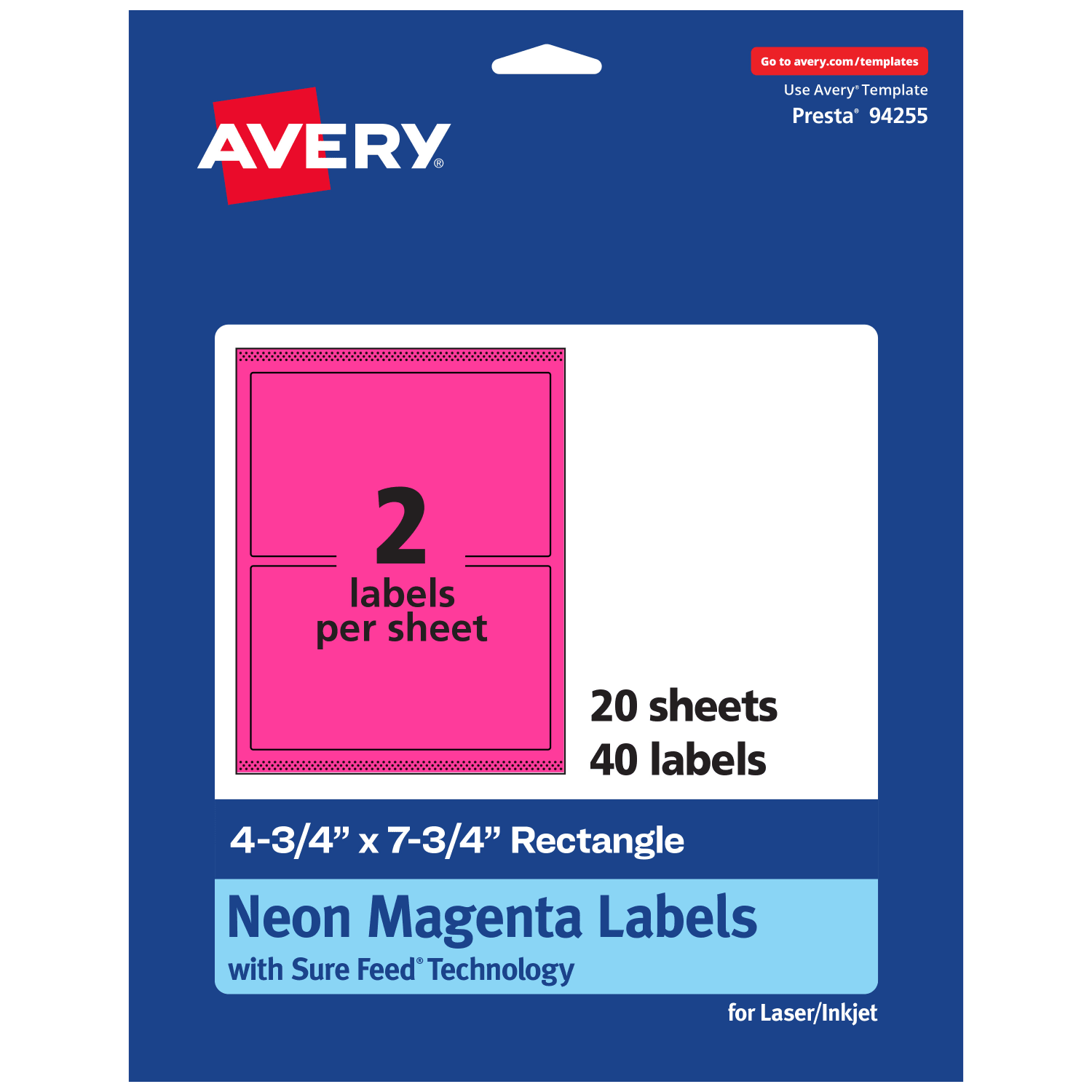 Avery Print-To-The-Edge Labels With Sure Feed Technology And Easy Peel, 94255-NMP20, Rectangle, 4-3/4in x 7-3/4in, Matte Neon Magenta, Pack of 40