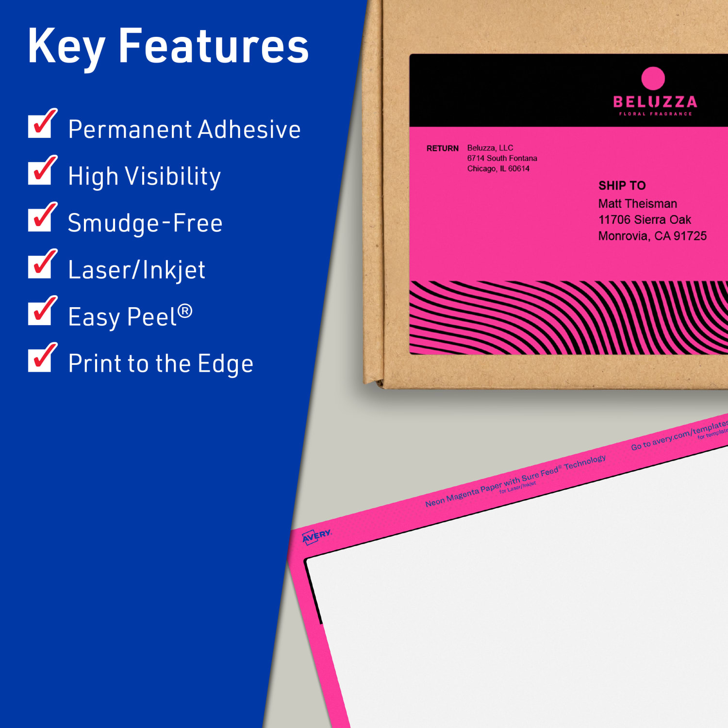 Avery Print-To-The-Edge Labels With Sure Feed Technology And Easy Peel, 94255-NMP20, Rectangle, 4-3/4in x 7-3/4in, Matte Neon Magenta, Pack of 40 - Image 3