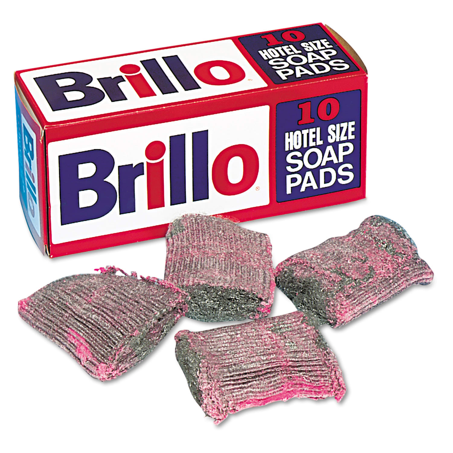 Brillo Hotel-Size Steel Wool Soap Pads, 4in x 4in, Charcoal/Pink, 10 Pads Per Box, Pack Of 120 Boxes