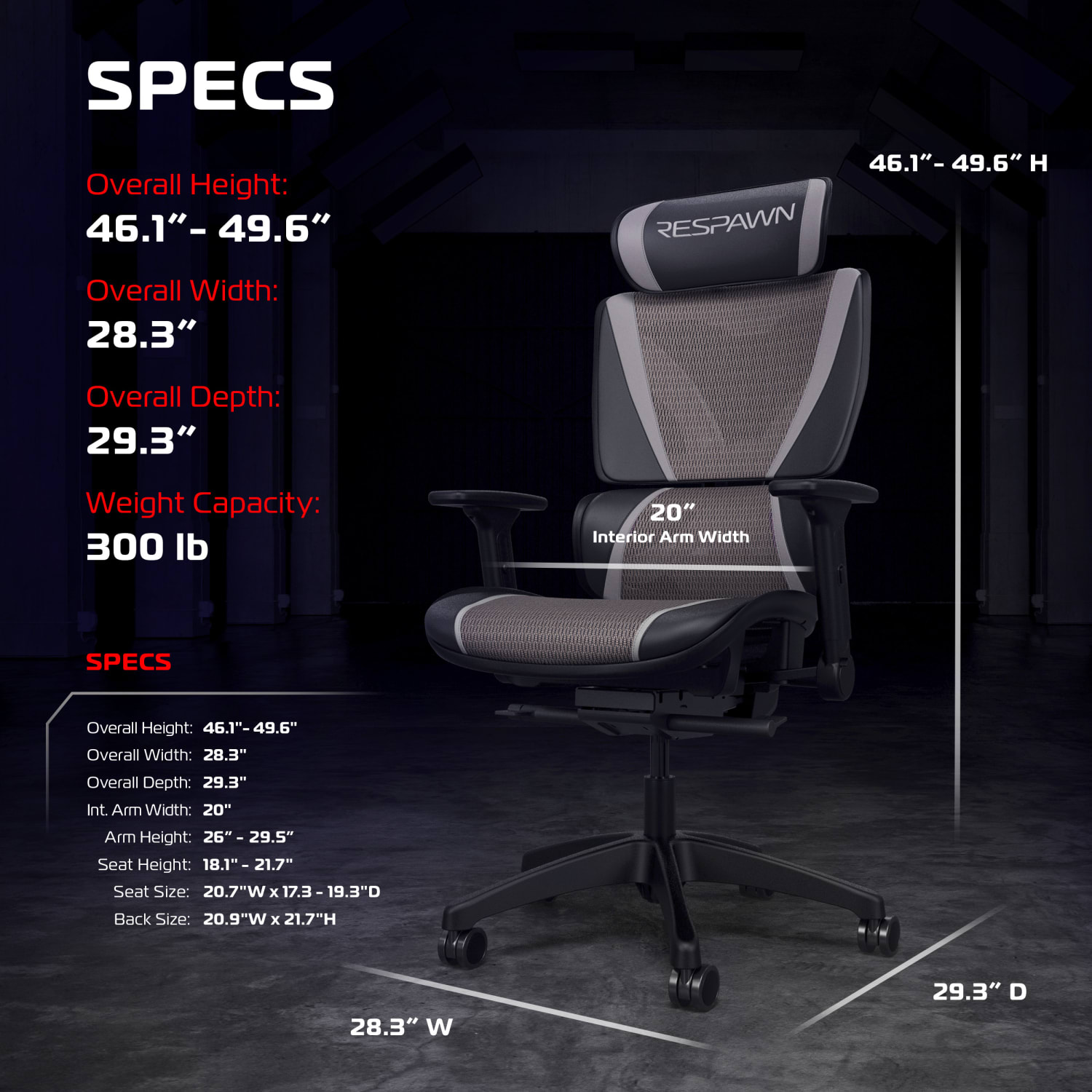 RESPAWN SPECTER Ergonomic Mesh Office Chair, Graphite Gray, RSPSGMB05GRY - Image 3