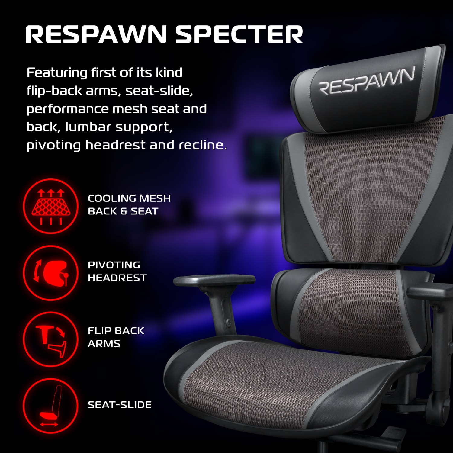 RESPAWN SPECTER Ergonomic Mesh Office Chair, Graphite Gray, RSPSGMB05GRY - Image 4