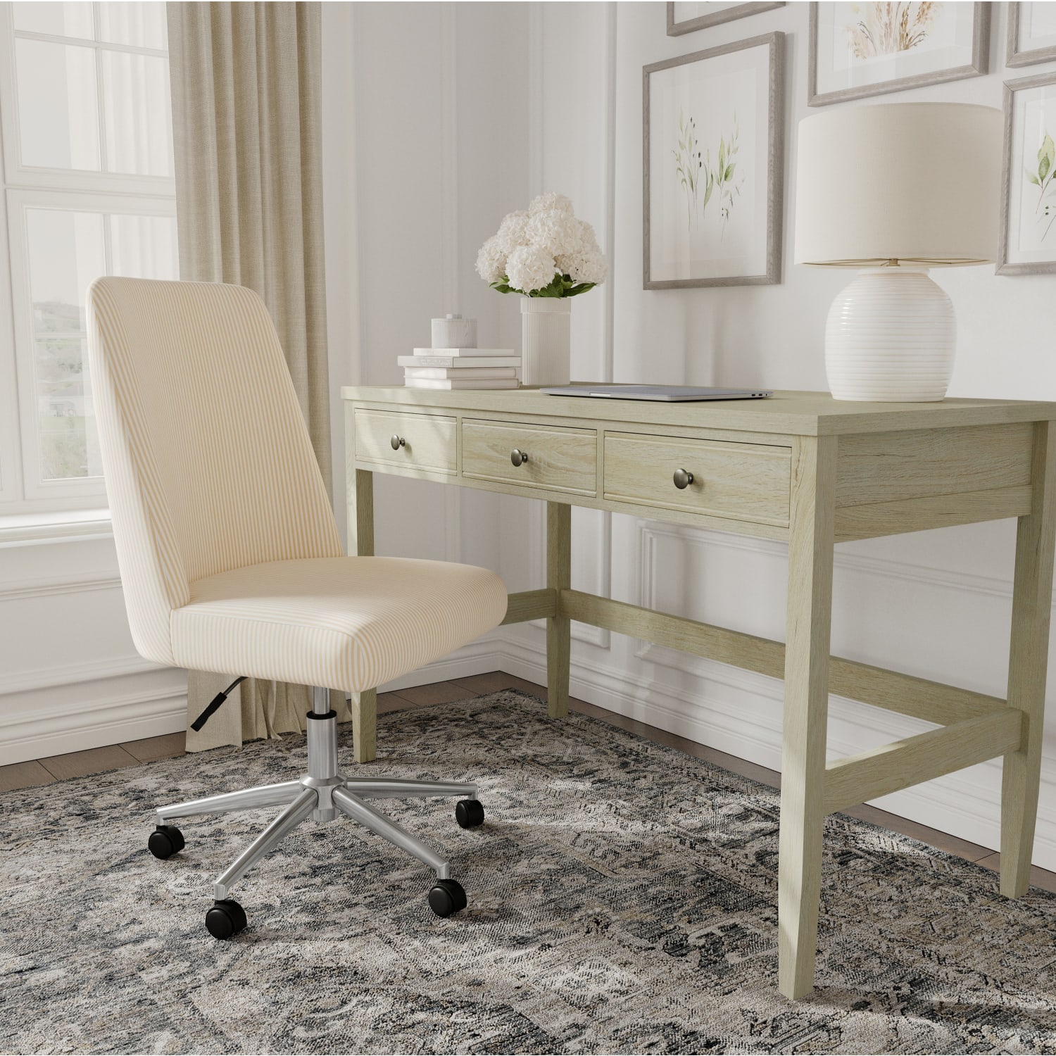 Martha Stewart Maeve Upholstered Office Chair, Beige Stripe Fabric/Polished Nickel Frame - Image 3