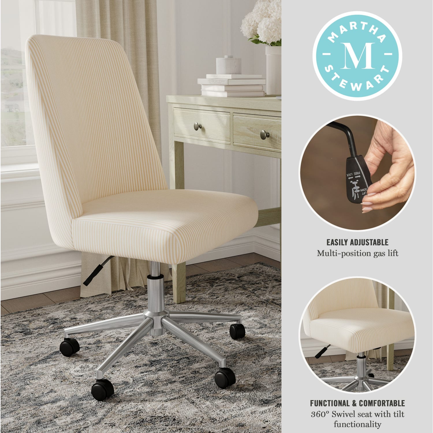 Martha Stewart Maeve Upholstered Office Chair, Beige Stripe Fabric/Polished Nickel Frame - Image 4