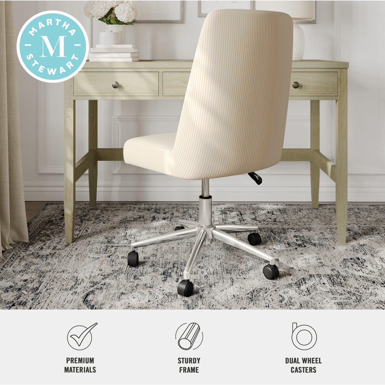 Martha Stewart Maeve Upholstered Office Chair, Beige Stripe Fabric/Polished Nickel Frame - Image 5