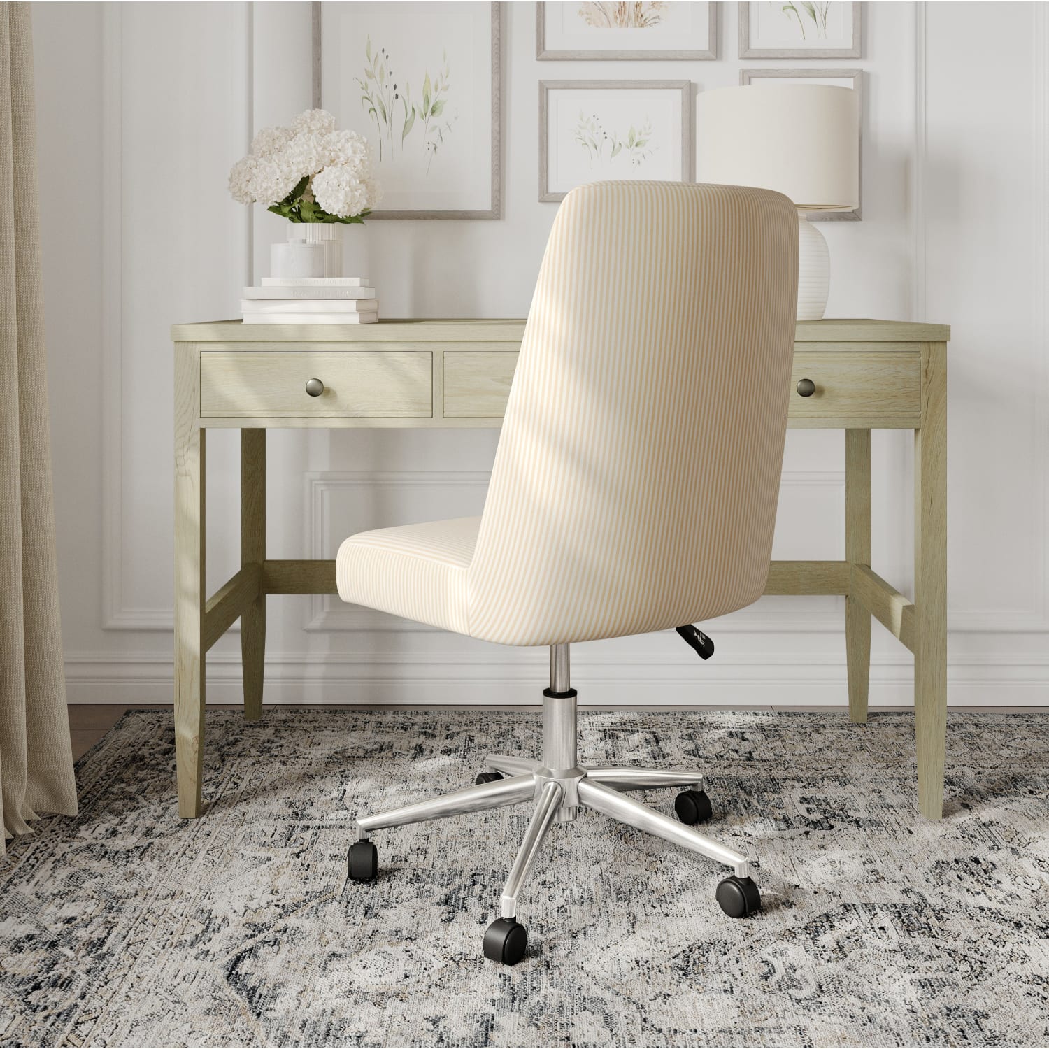 Martha Stewart Maeve Upholstered Office Chair, Beige Stripe Fabric/Polished Nickel Frame - Image 6