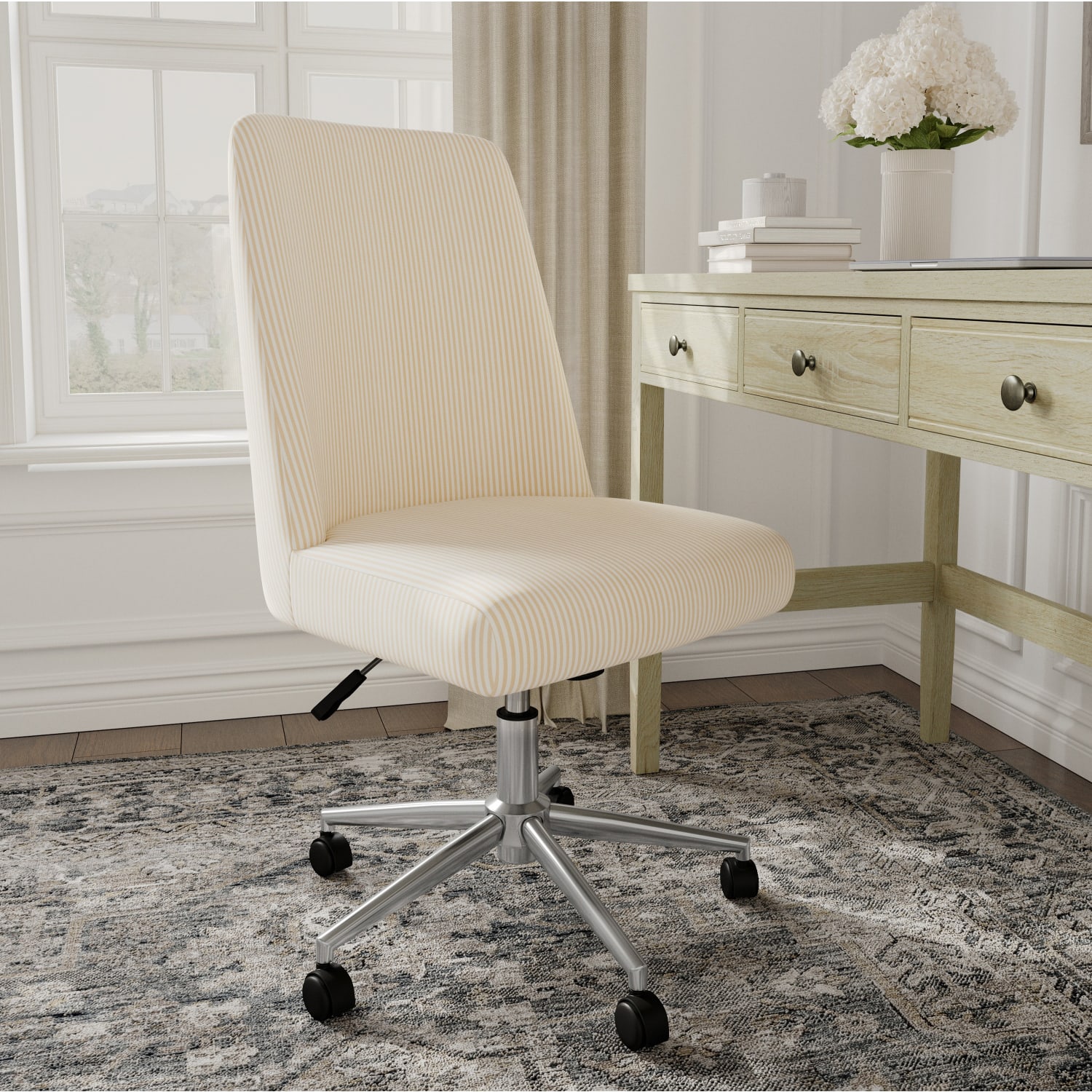 Martha Stewart Maeve Upholstered Office Chair, Beige Stripe Fabric/Polished Nickel Frame - Image 7