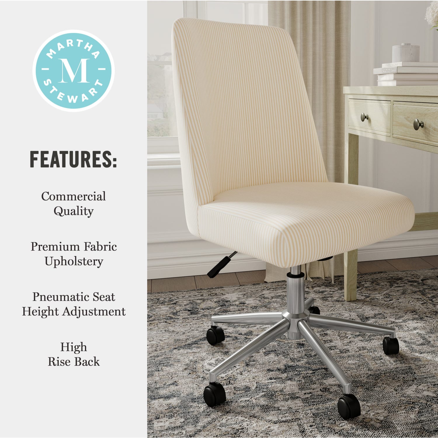Martha Stewart Maeve Upholstered Office Chair, Beige Stripe Fabric/Polished Nickel Frame - Image 8