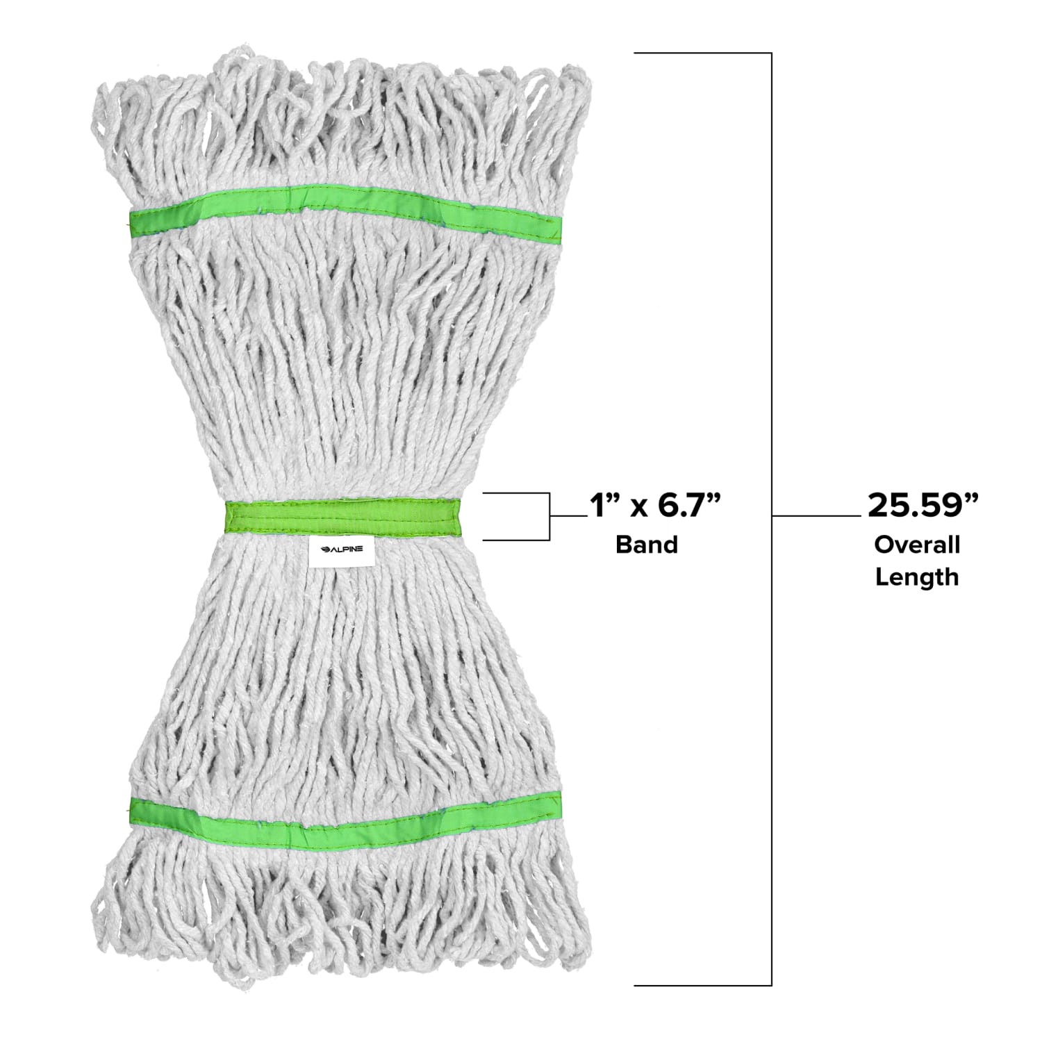 Alpine Industries Cotton Loop-End Mop Heads With 1in Head And Tail Bands, 24 Oz, White/Green, Set Of 12 Heads - Image 5