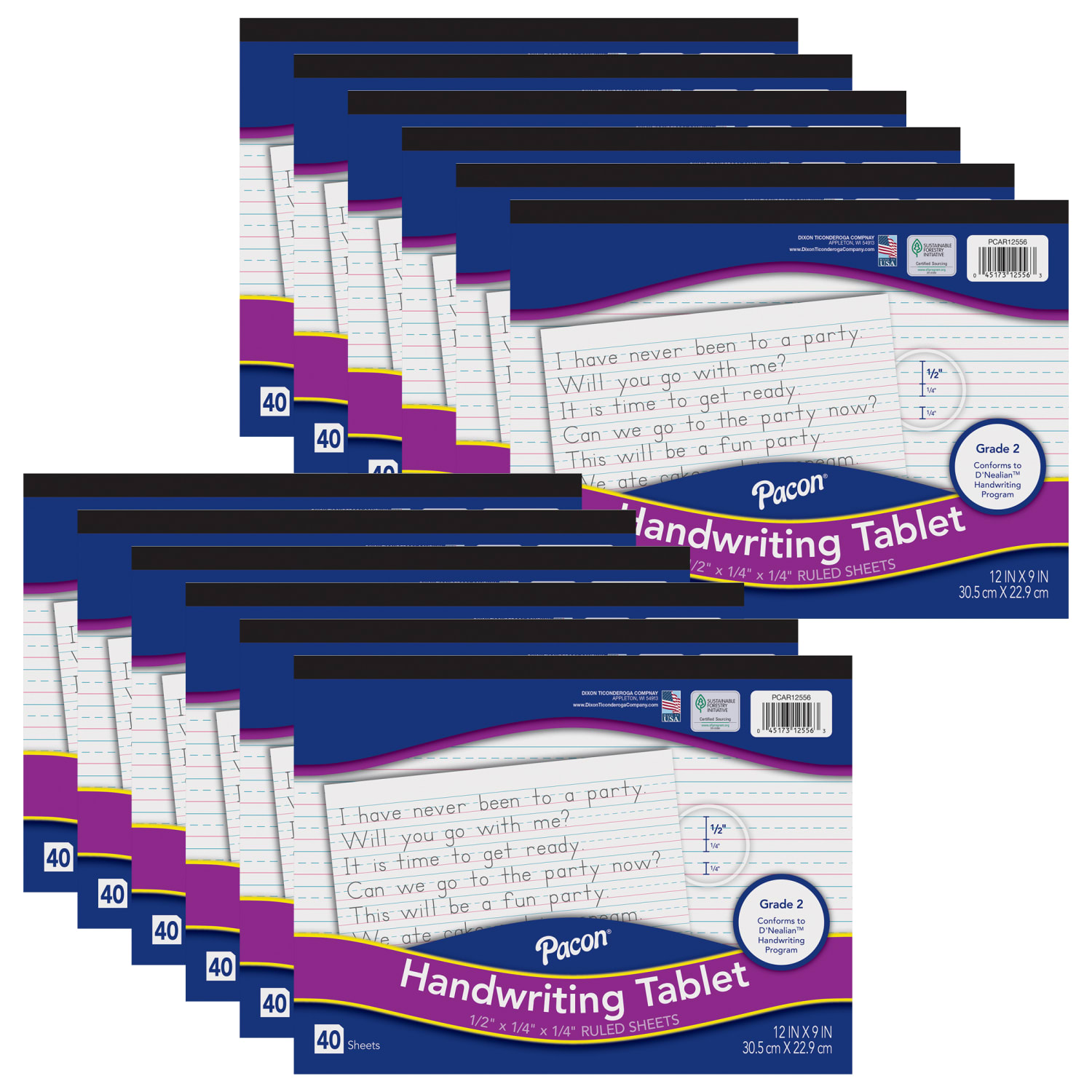 Pacon Handwriting Tablets, 9in x 12in, White, 40 Sheets Per Tablet, Pack Of 12 Tablets
