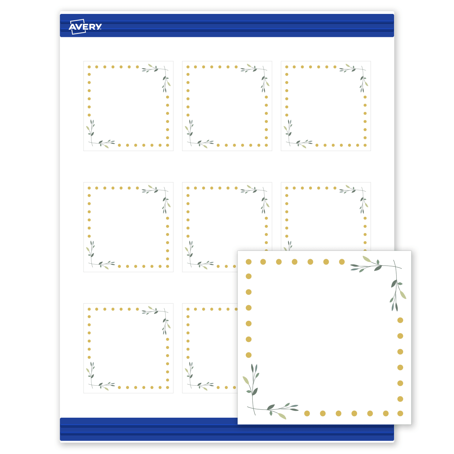 Avery Printable Cards With Sure Feed Technology, 2-1/2in x 2-1/2in, Matte White With Gold Dots/Green Floral Design, Pack Of 90 - Image 3